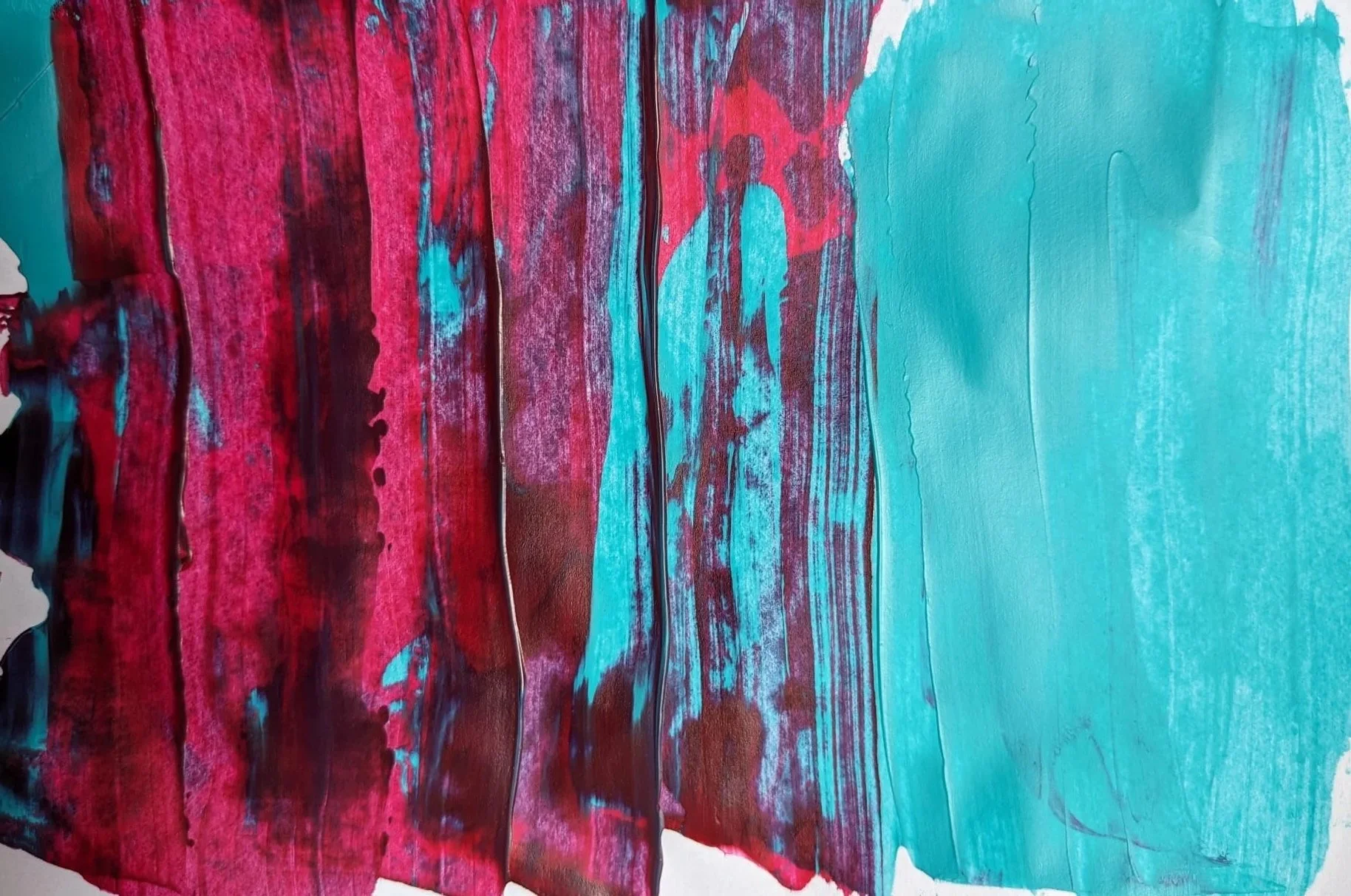 Abstract painting with horizontal stripes in shades of turquoise and red.