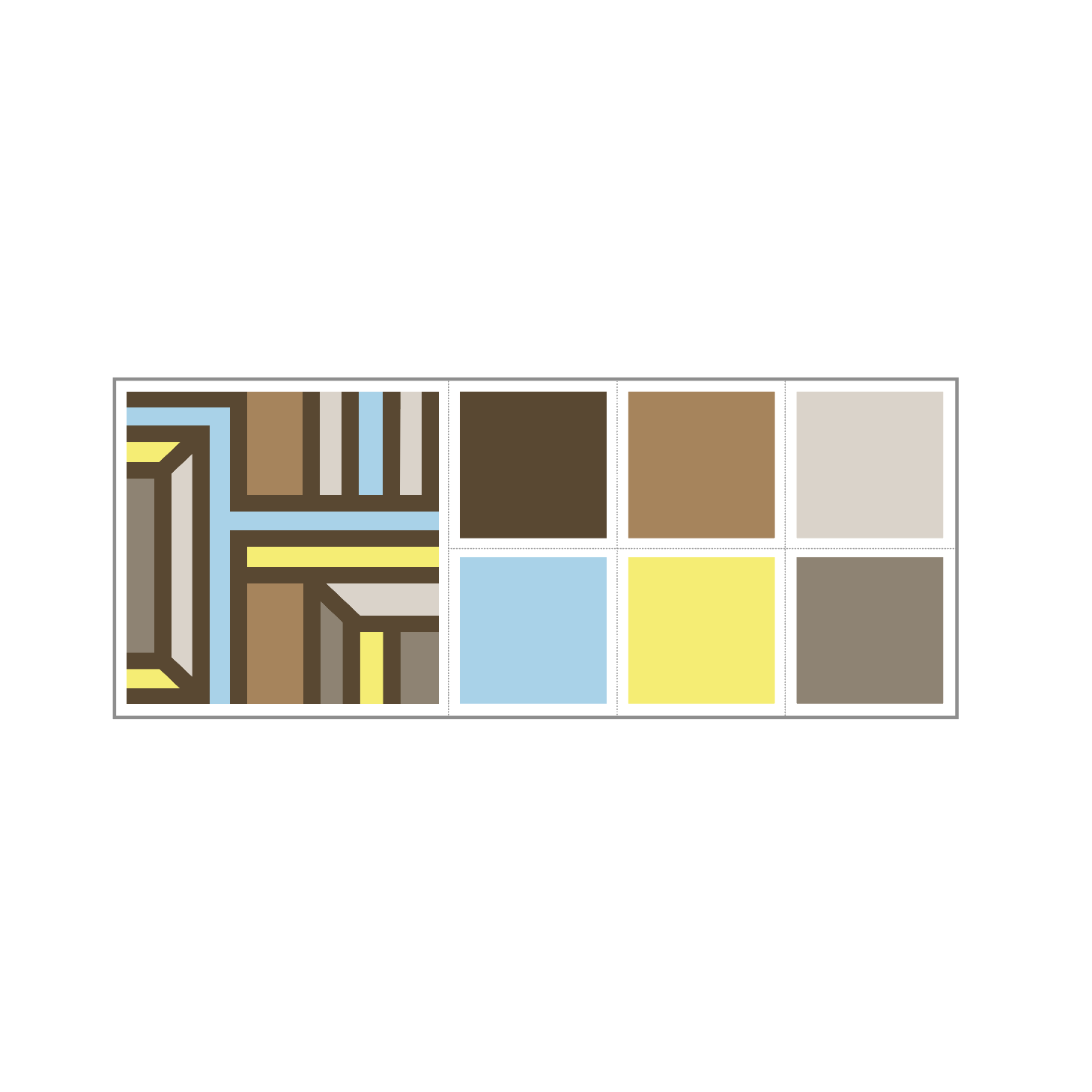 Close-up detail of brown, yellow, warm grey and light blue colours