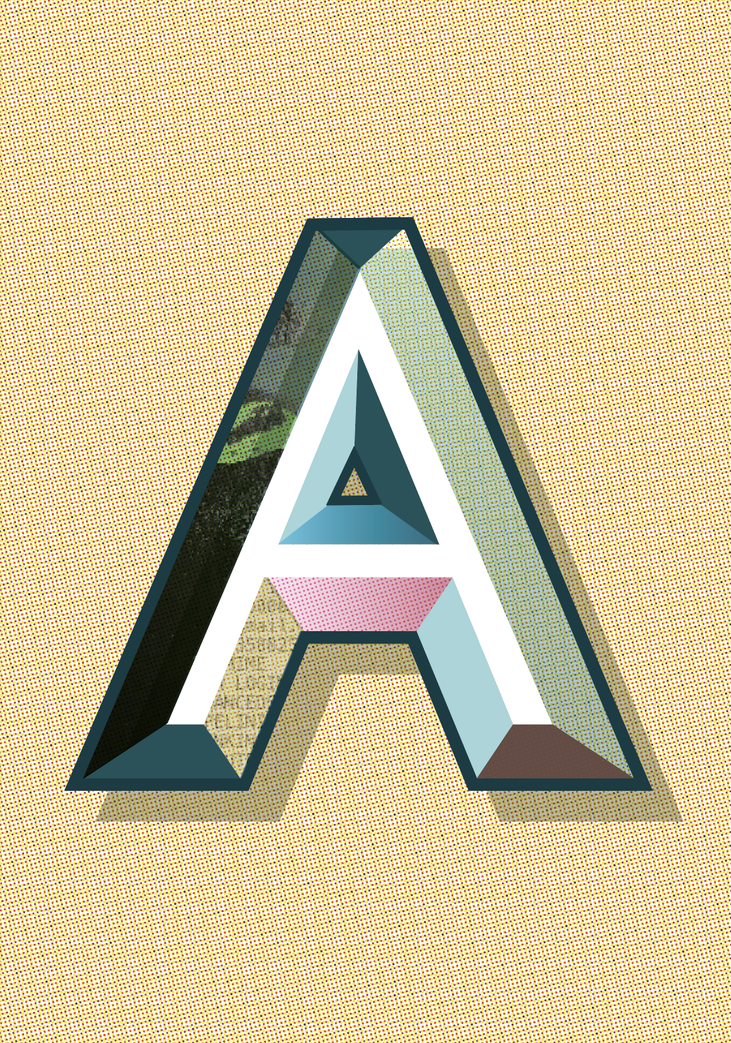A large, stylized, three-dimensional letter 'A' with colorful geometric patterns and shading on a yellow dotted background.