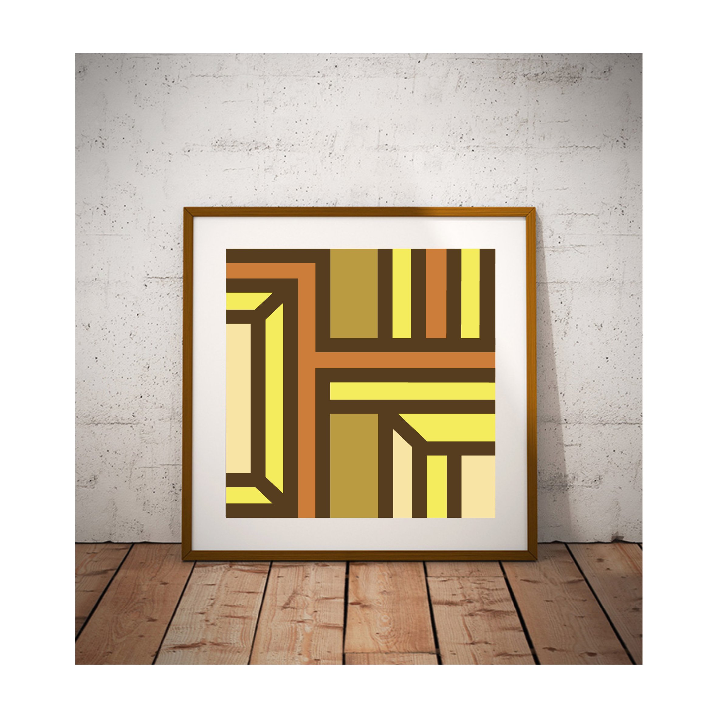 Framed geometric abstract giclée print in warm earthy tones displayed against a textured wall, showcasing contemporary mid-century modern wall art by Alison Hancock.