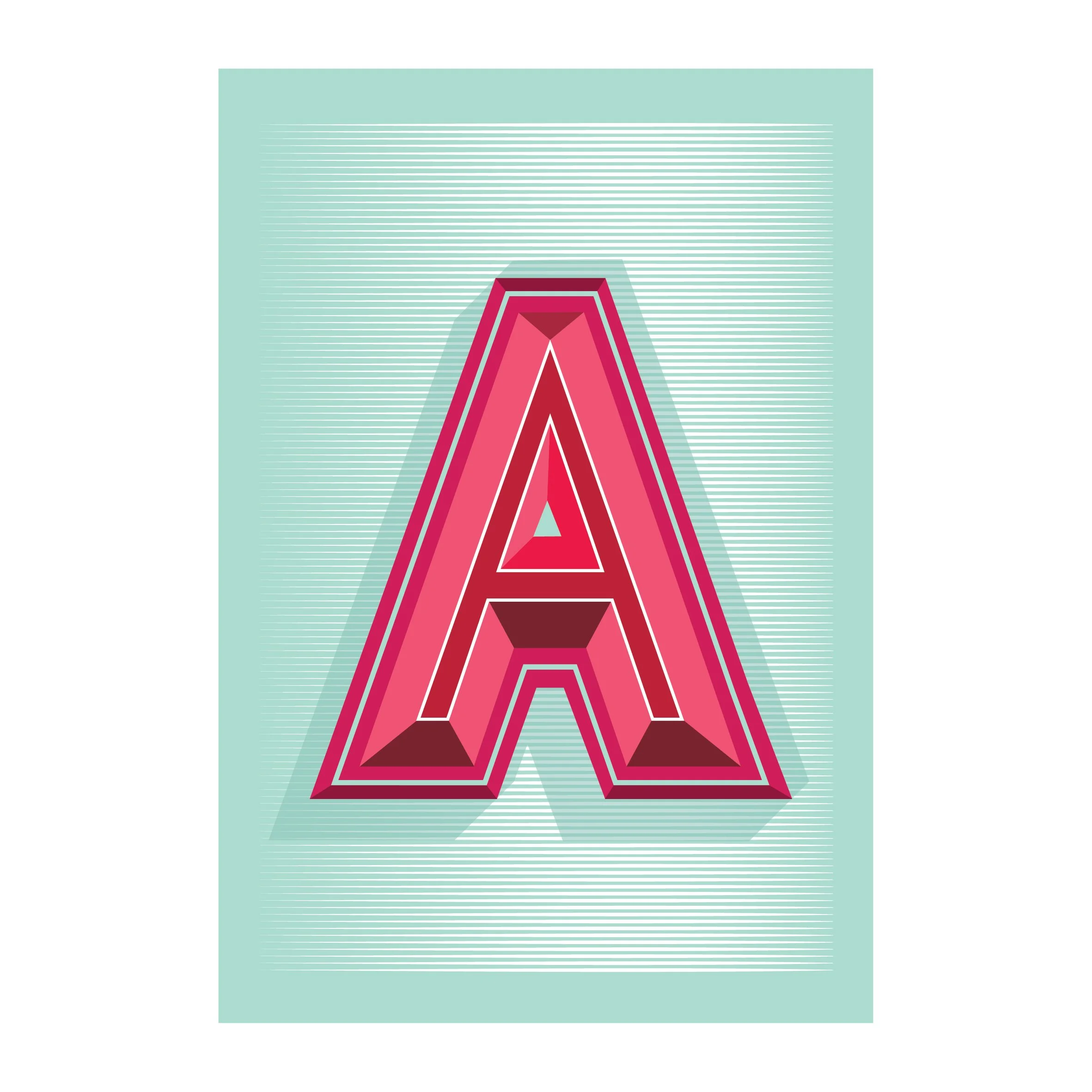 Contemporary three-dimensional capital letter A Giclée print in vibrant pink, crimson and burgundy on a mint green striped background.