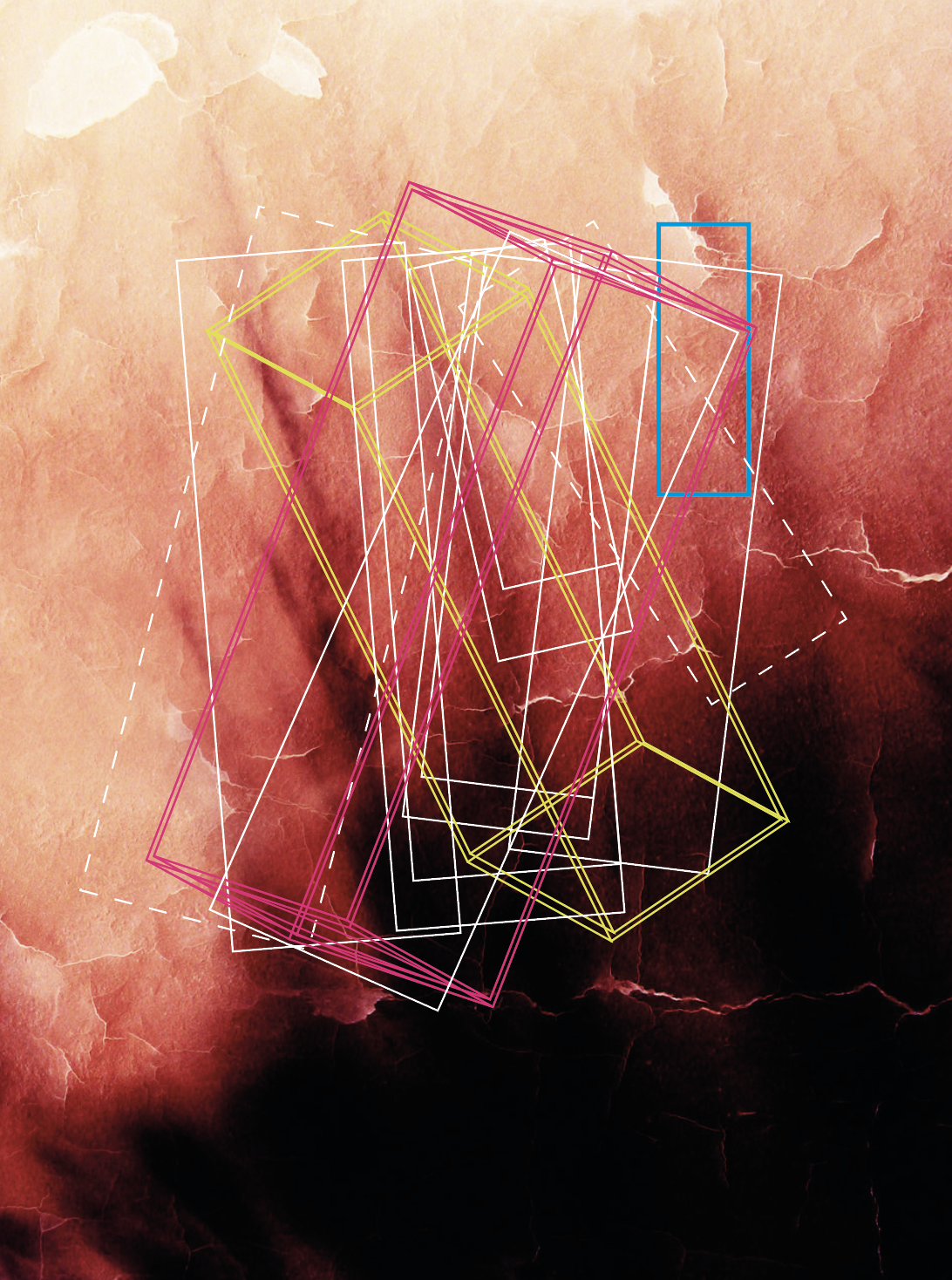 Abstract digital artwork featuring intersecting geometric shapes and lines over a textured background of red, black, and beige tones.