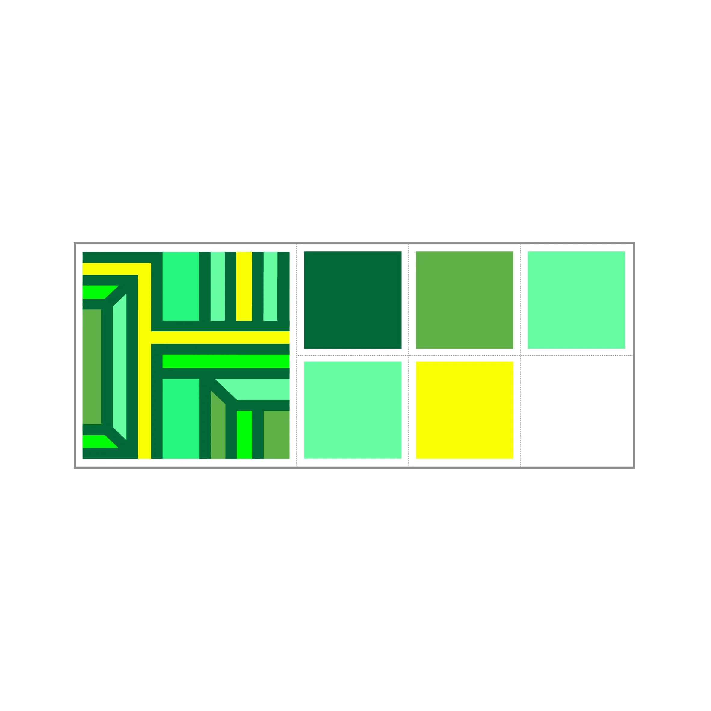 Geometric abstract swatch with coordinating green, teal, turquoise, blue and yellow colour palette inspired by contemporary mid-century modern design by Alison Hancock.