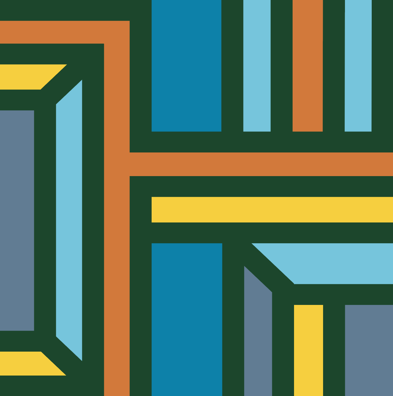 Abstract geometric art print featuring intersecting lines and rectangular  shapes in yellow, light blue, orange and blue .