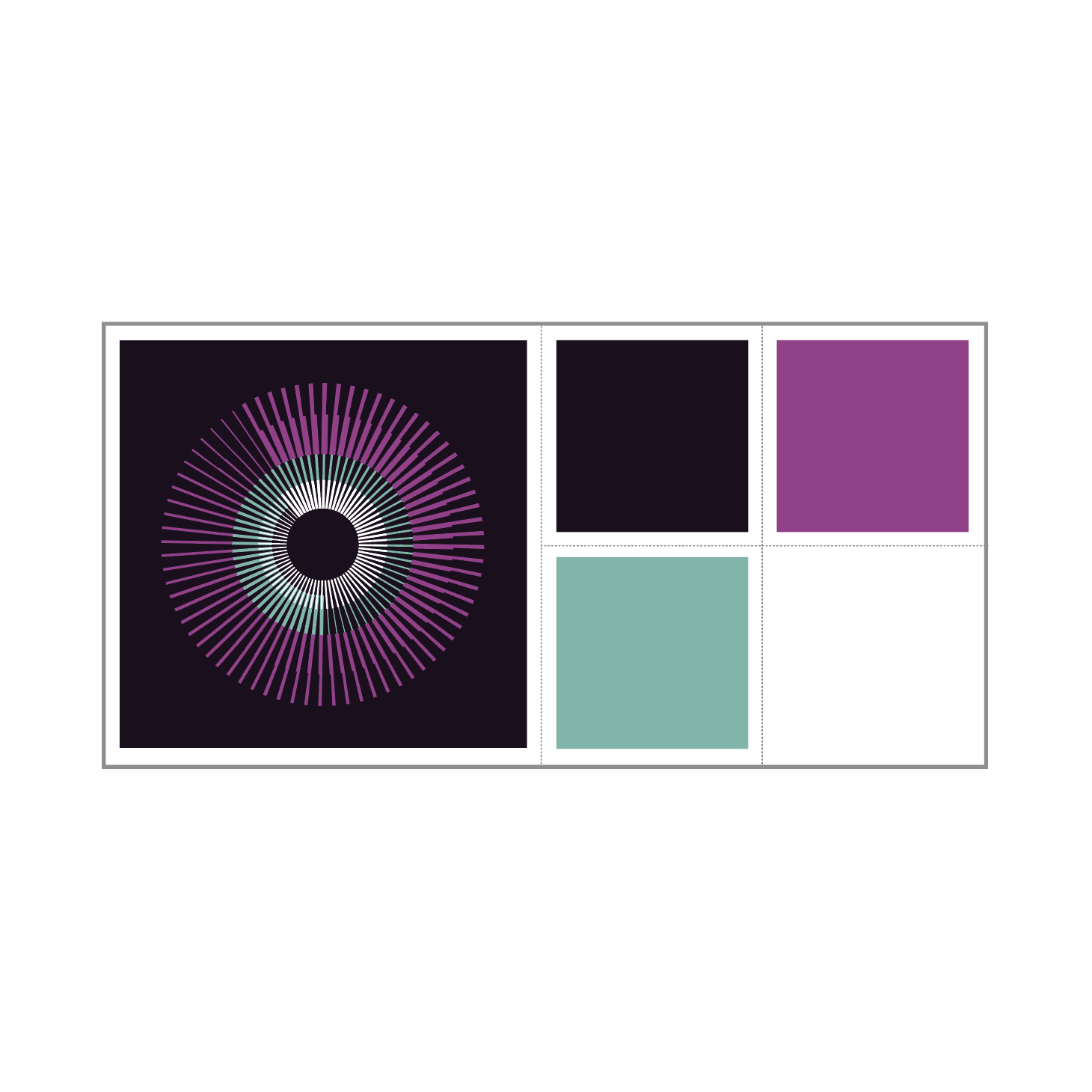 Detail of magenta and blue geometric abstract artwork showing concentric circle pattern and colours.