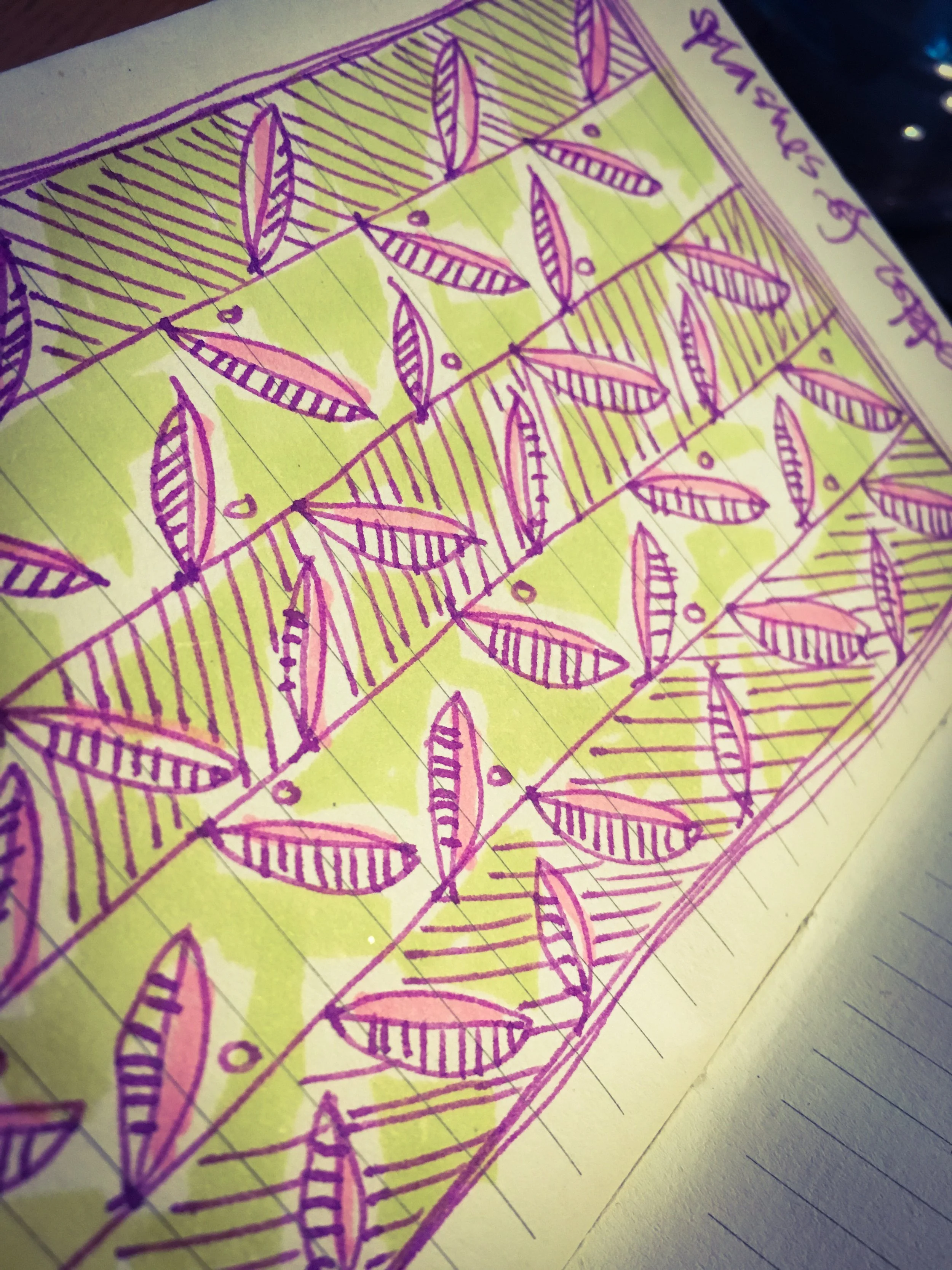 Hand-drawn pattern of pink and purple leaves outlined with lines and filled with parallel lines, on a yellow background with line grid markings.