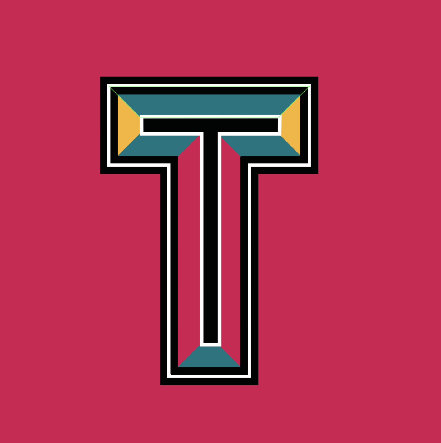 Stylized letter T with colorful geometric shapes on a pink background.