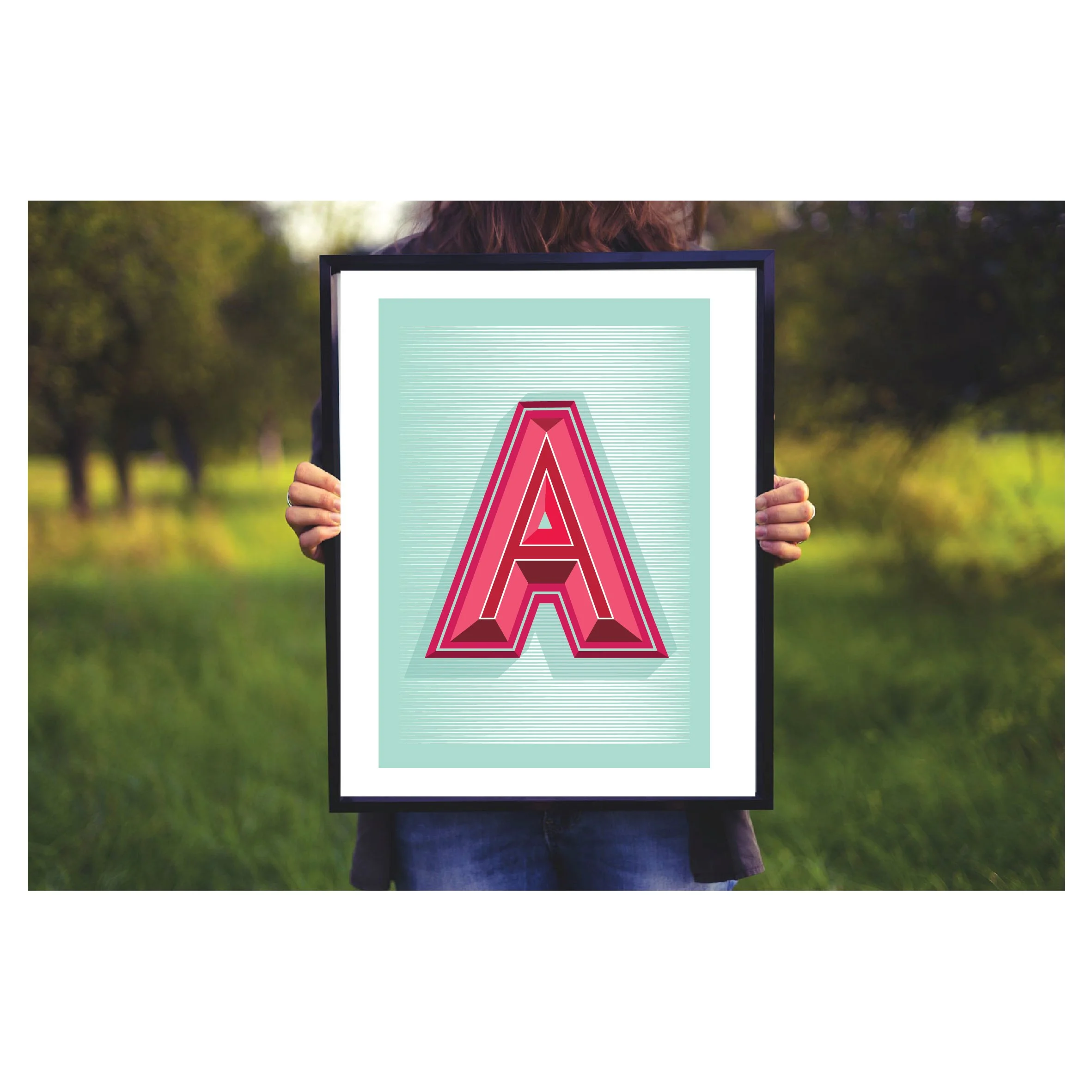 Contemporary three-dimensional capital letter A Giclée print in vibrant pink, crimson and burgundy on a mint green striped background.
