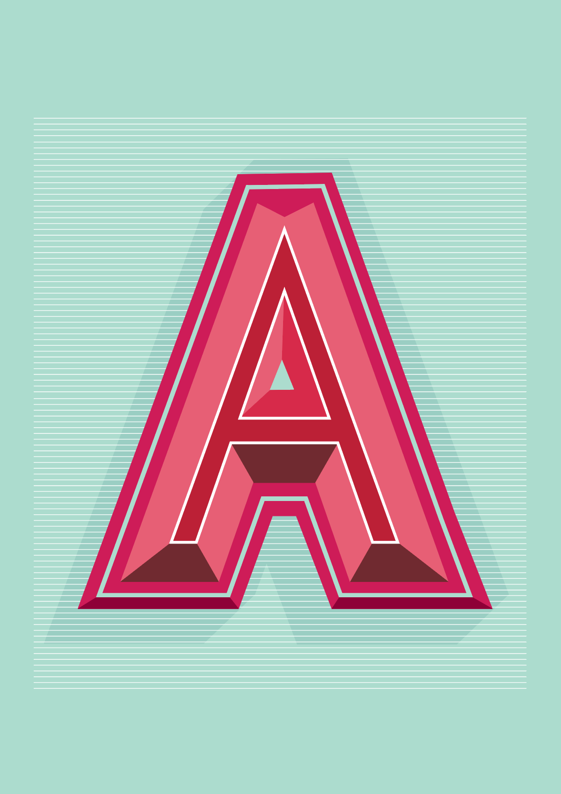 A close up  of the Contemporary bevelled typographic letter A print featuring coral, pink and red and burgundy tones on a mint green background.