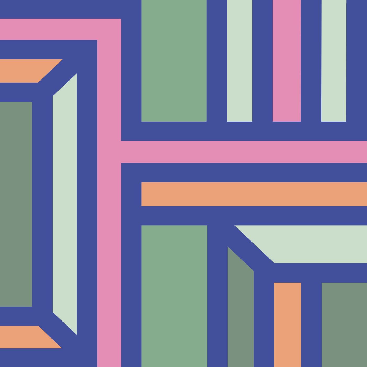 Abstract geometric art print featuring intersecting lines and rectangular  shapes in olive green, orange and pink.