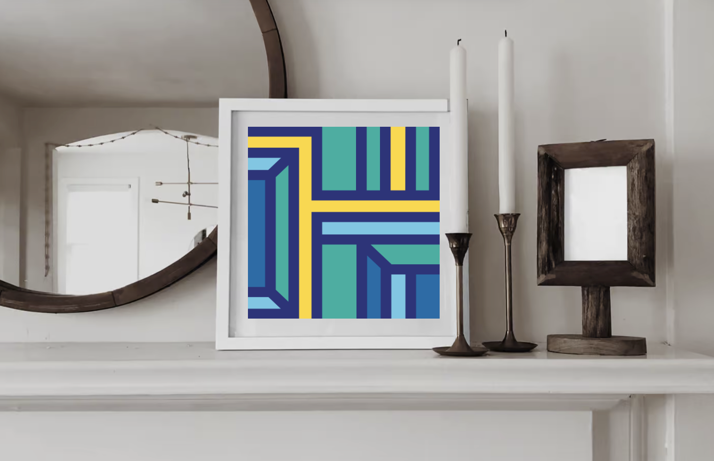 Contemporary geometric art print in Blue, green and orange tones displayed in a white wood frame on a shelf in a contemporary interior..