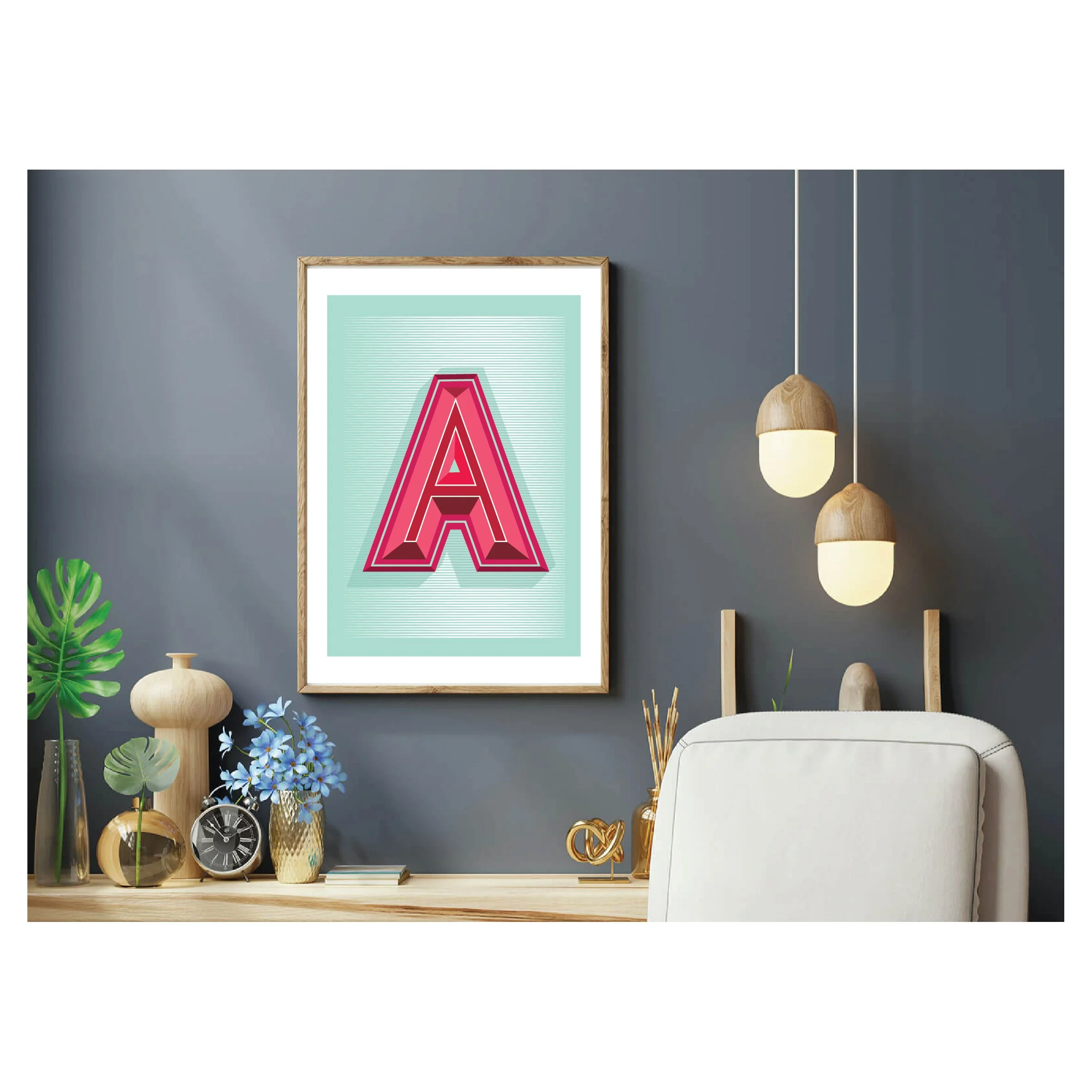 Contemporary three-dimensional capital letter A Giclée print in vibrant pink, crimson and burgundy on a mint green striped background.