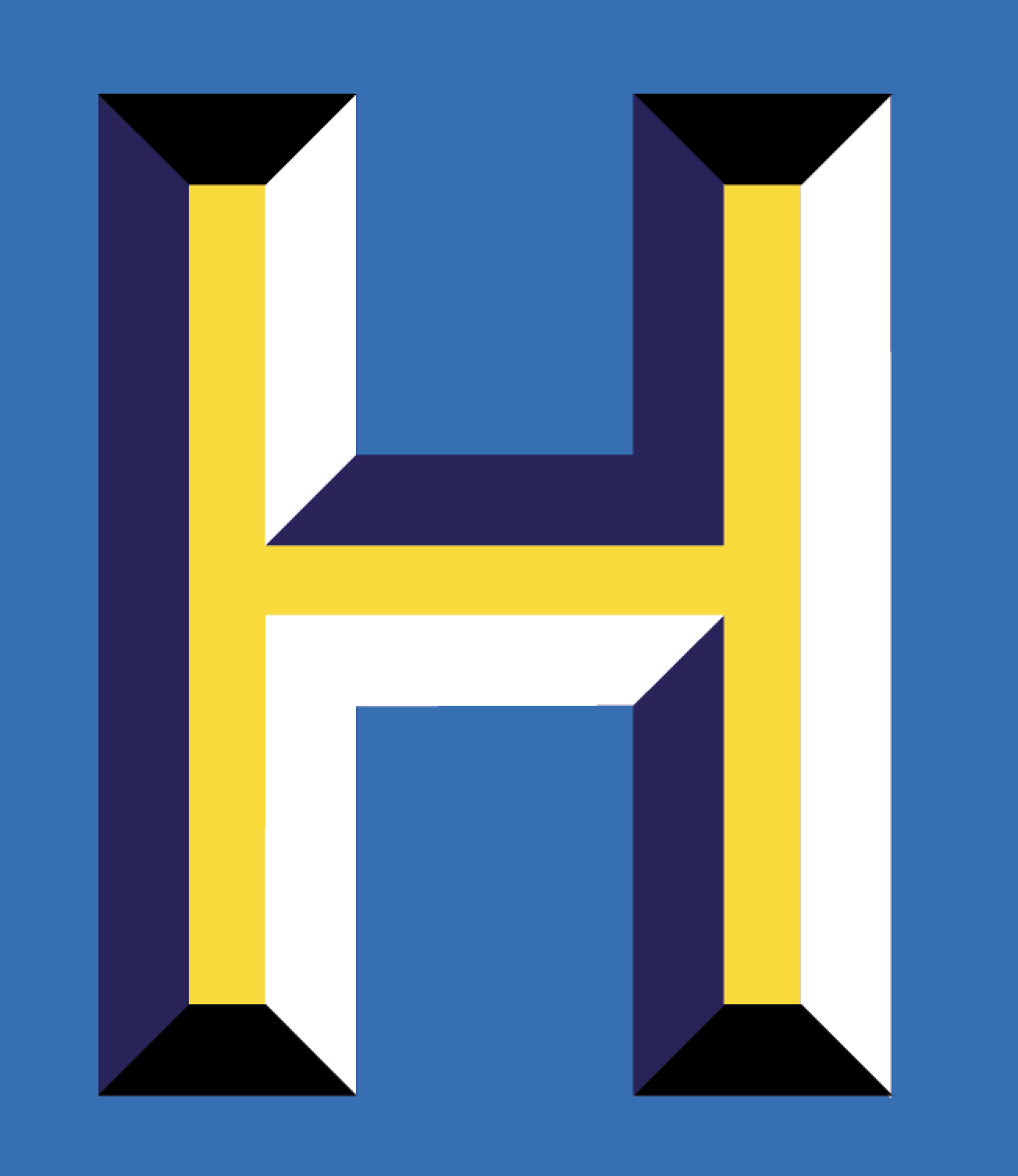 An optical illusion of a three-dimensional cube pattern in blue, white, yellow, black, and purple colors.