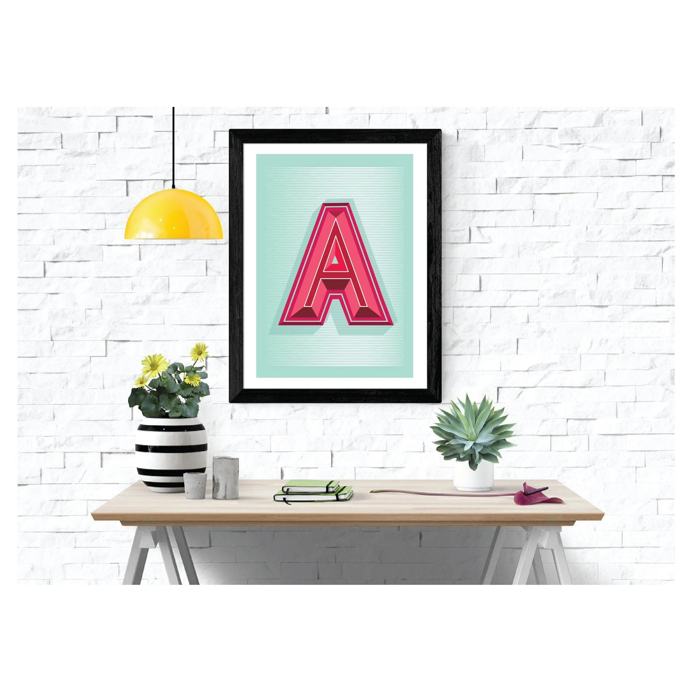 Contemporary three-dimensional capital letter A Giclée print in vibrant pink, crimson and burgundy on a mint green striped background.