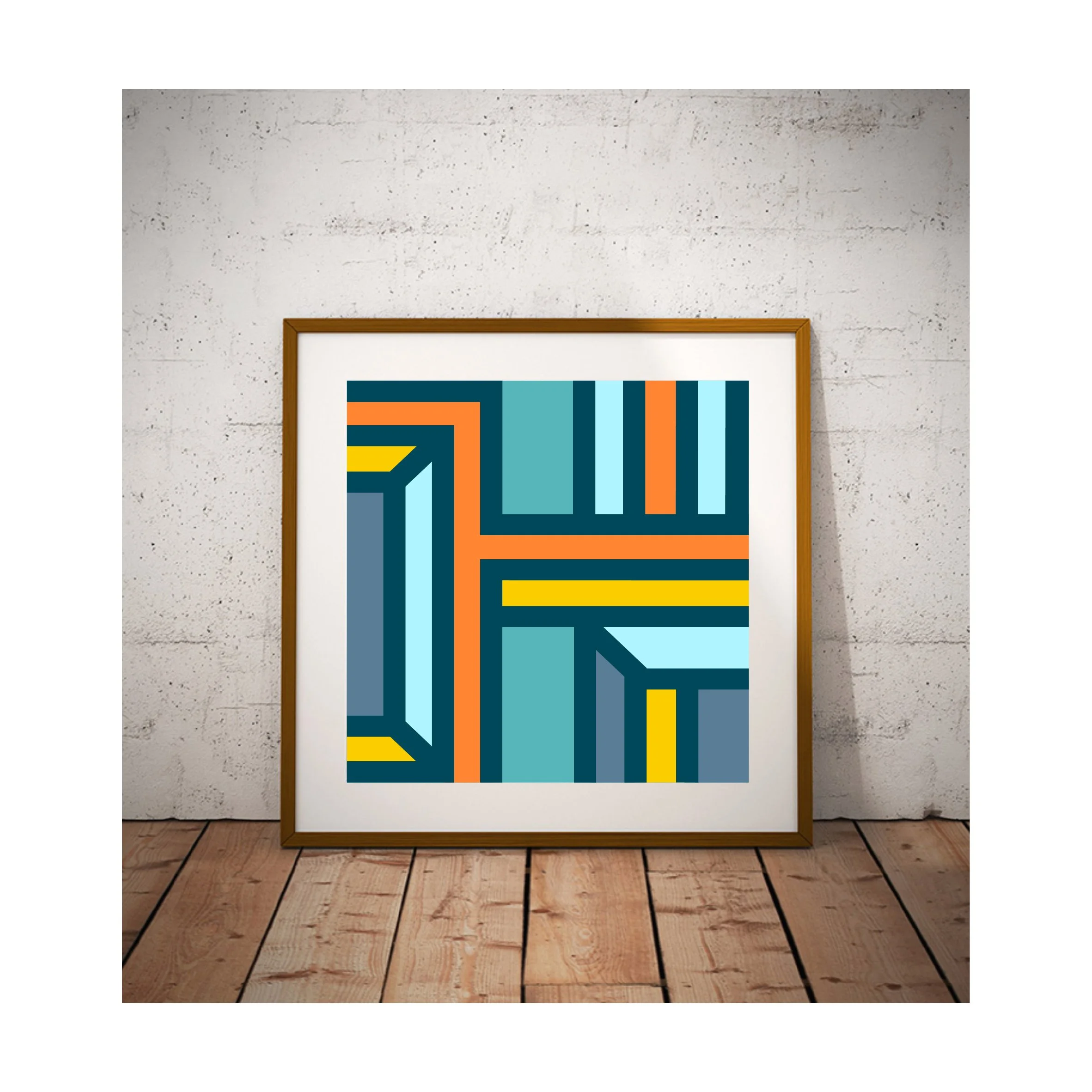 Framed geometric abstract art print displayed against a textured wall with wooden flooring in a rustic contemporary interior.