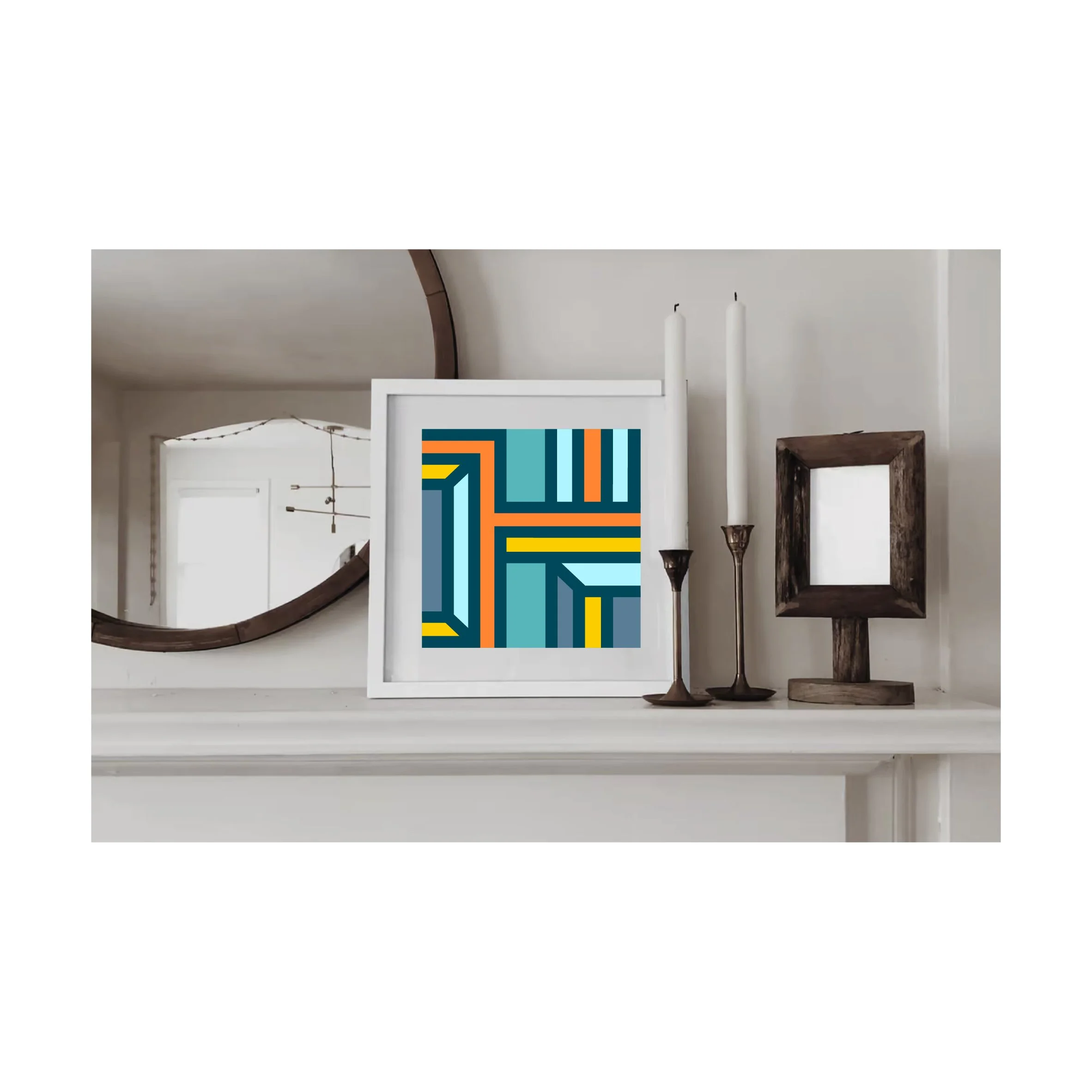 Contemporary geometric abstract art print displayed in a white frame on a mantelpiece in a stylish neutral living room.