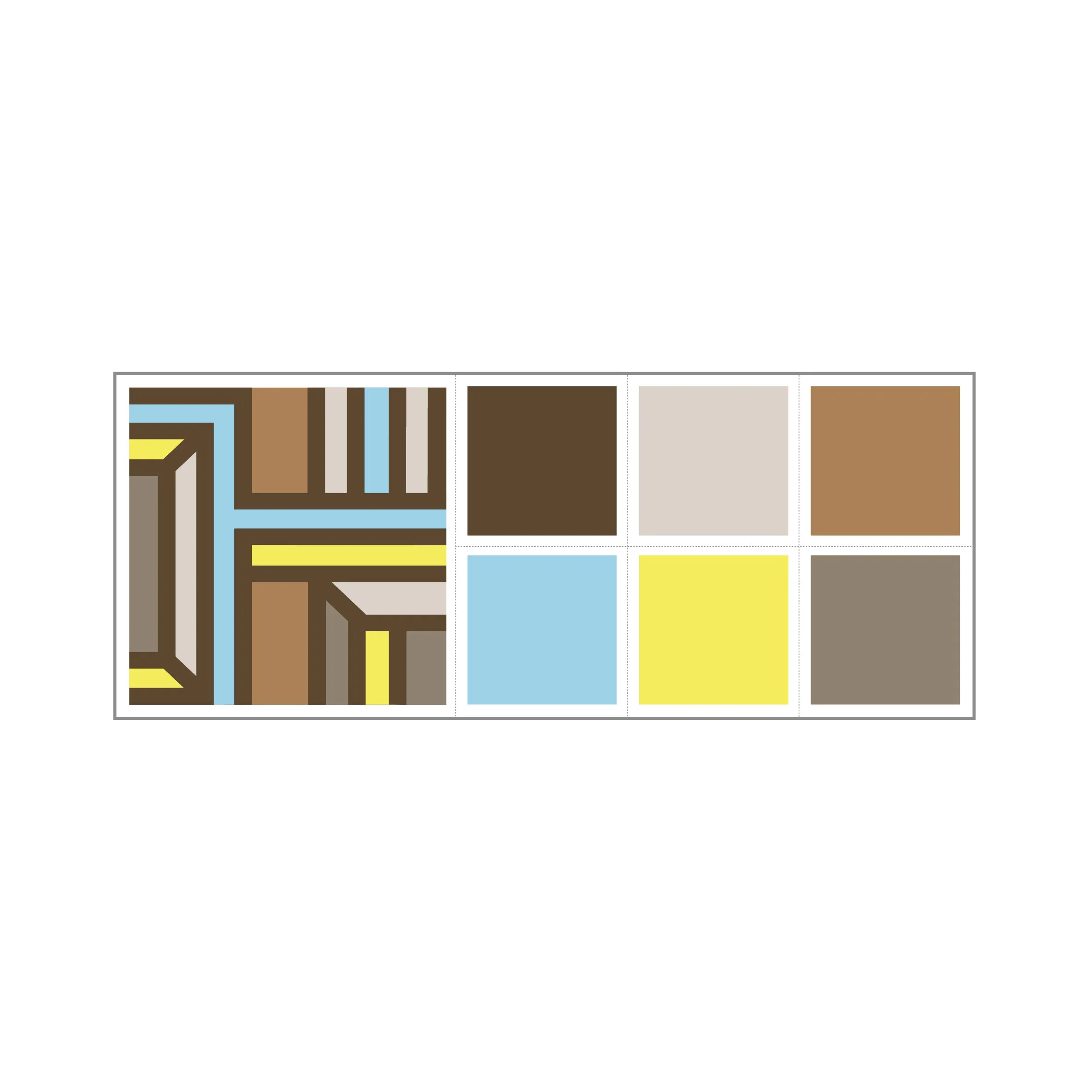 Geometric abstract print shown alongside its colour palette featuring warm brown, cream, blue and yellow tones in a swatch