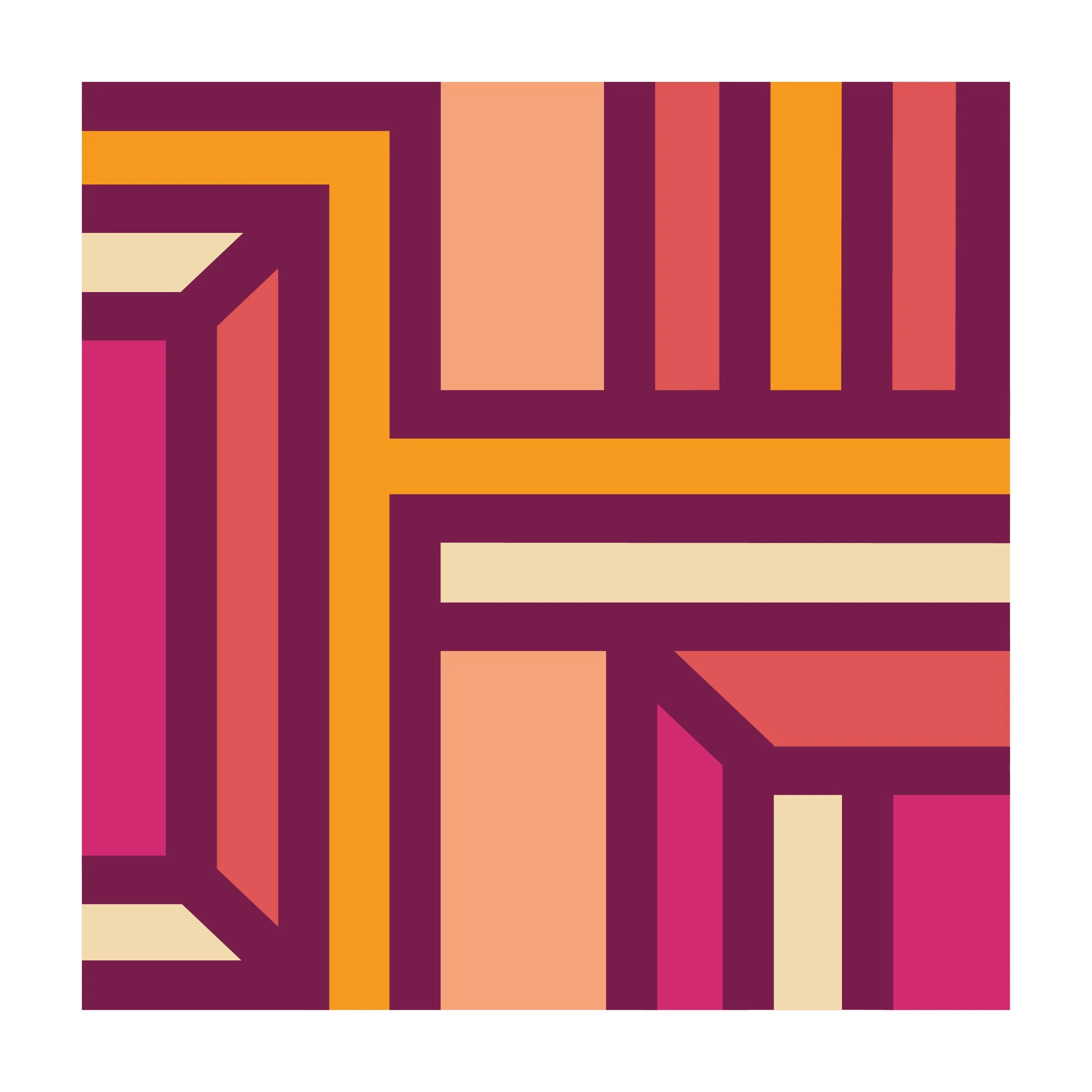 Contemporary geometric artwork with bold linear patterns and layered rectangular  forms in warm pink and orange tones.