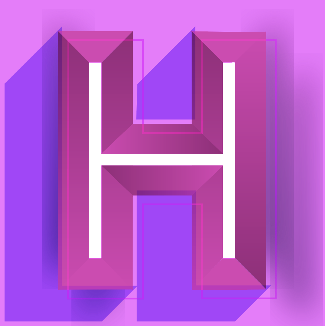 A stylized 3D letter H with pink, purple, and blue shading, set against a gradient purple and pink background.