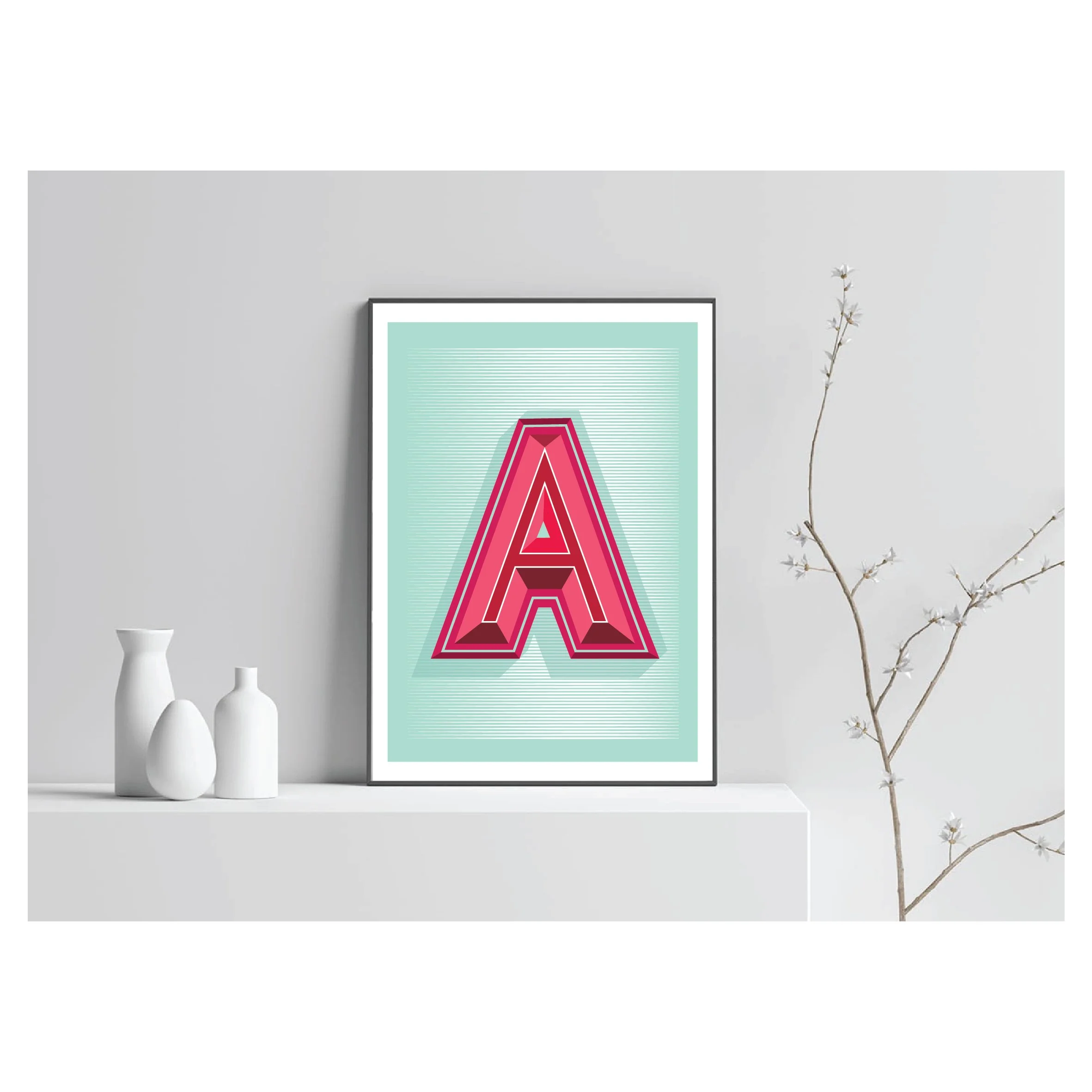 Contemporary three-dimensional capital letter A Giclée print in vibrant pink, crimson and burgundy on a mint green striped background.