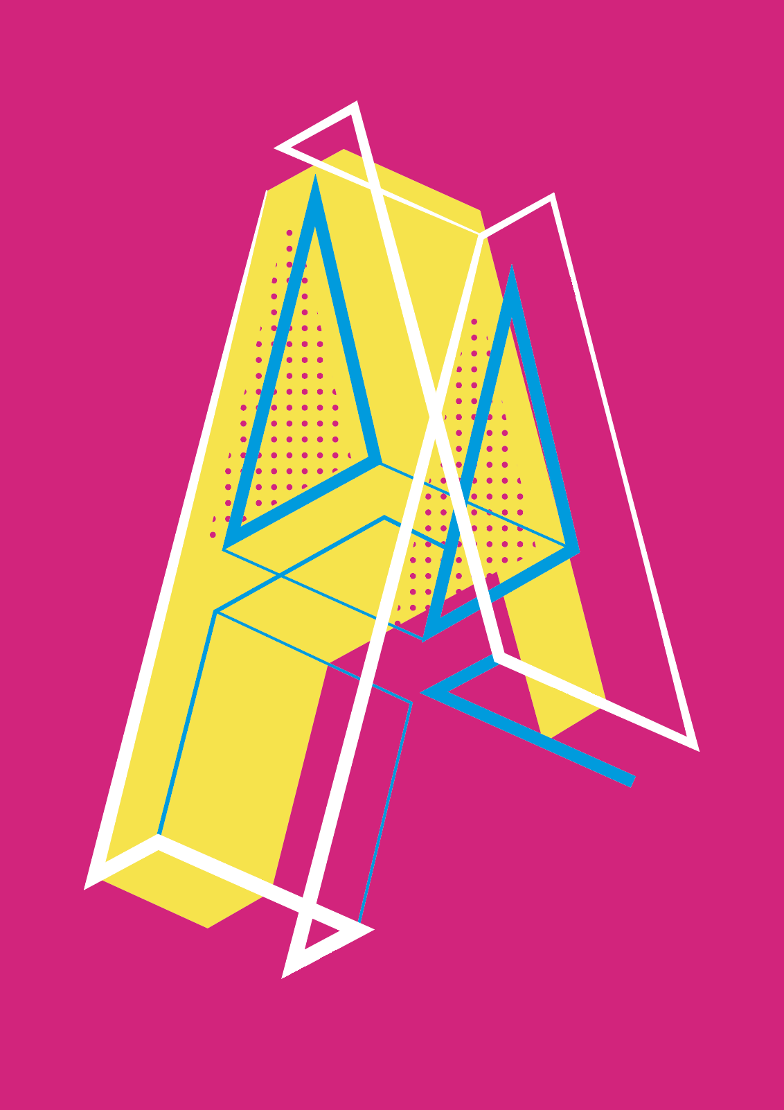 Abstract geometric artwork with colorful 3D shapes on a bright pink background