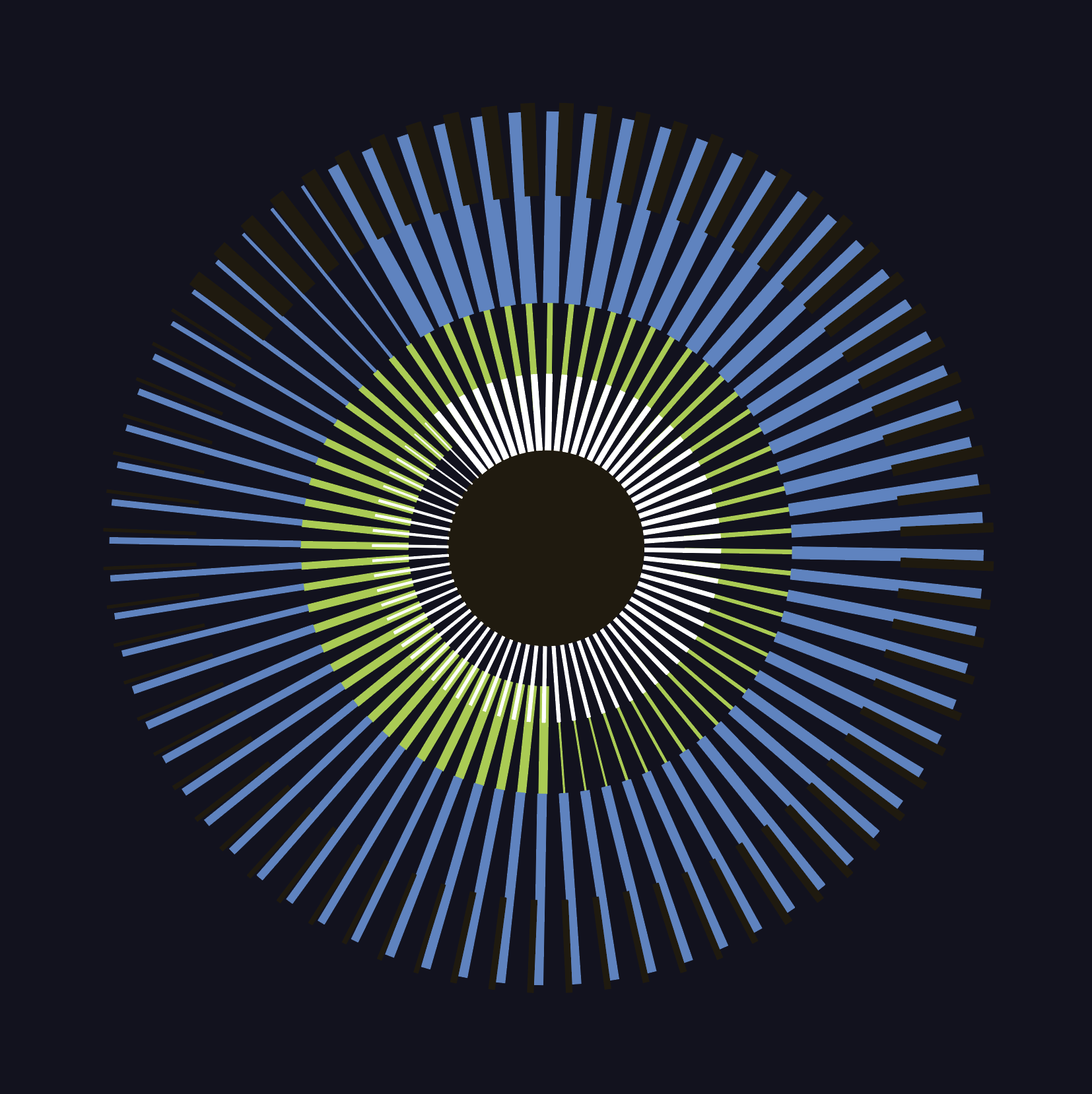 Blue and yellow geometric abstract art print featuring concentric circles and radiating lines on a dark navy background.
