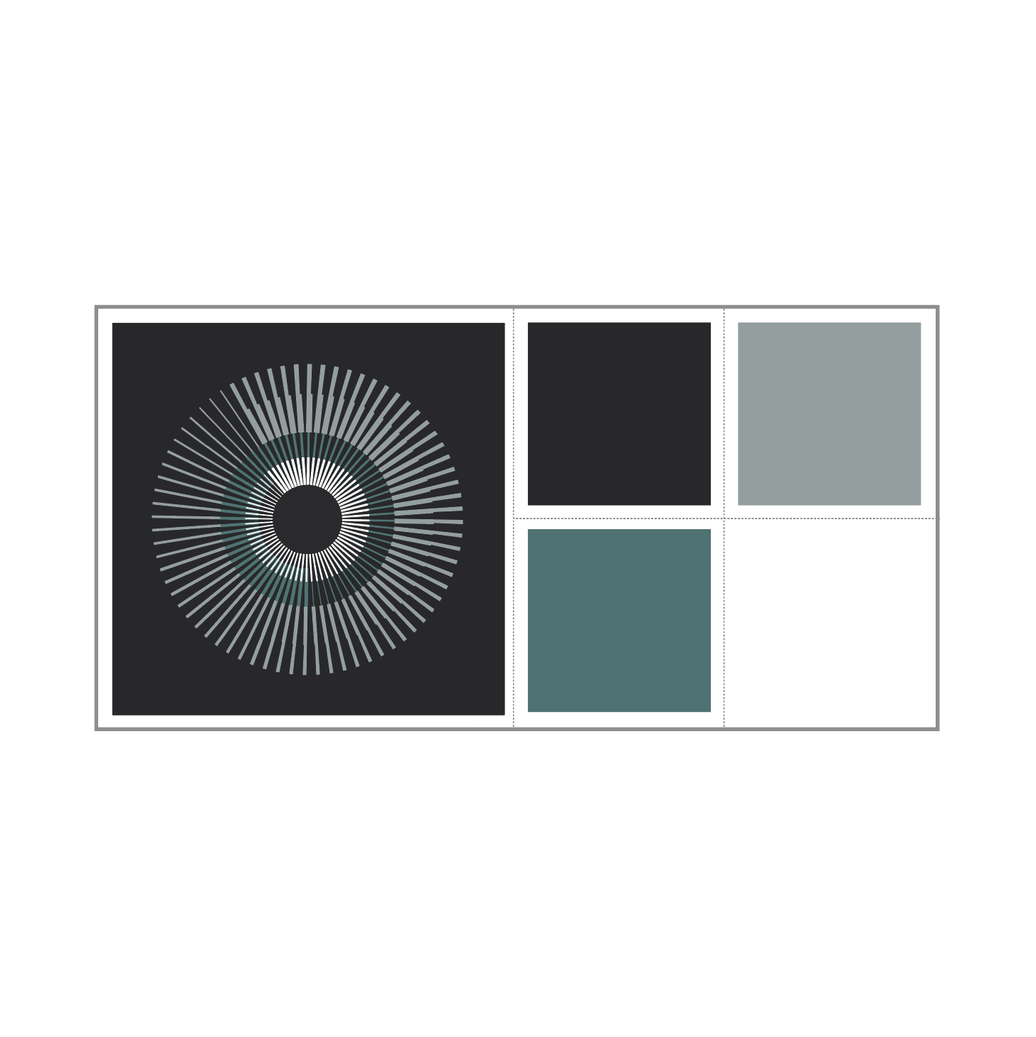 Detail of grey and green geometric abstract artwork showing concentric circle pattern and colours.