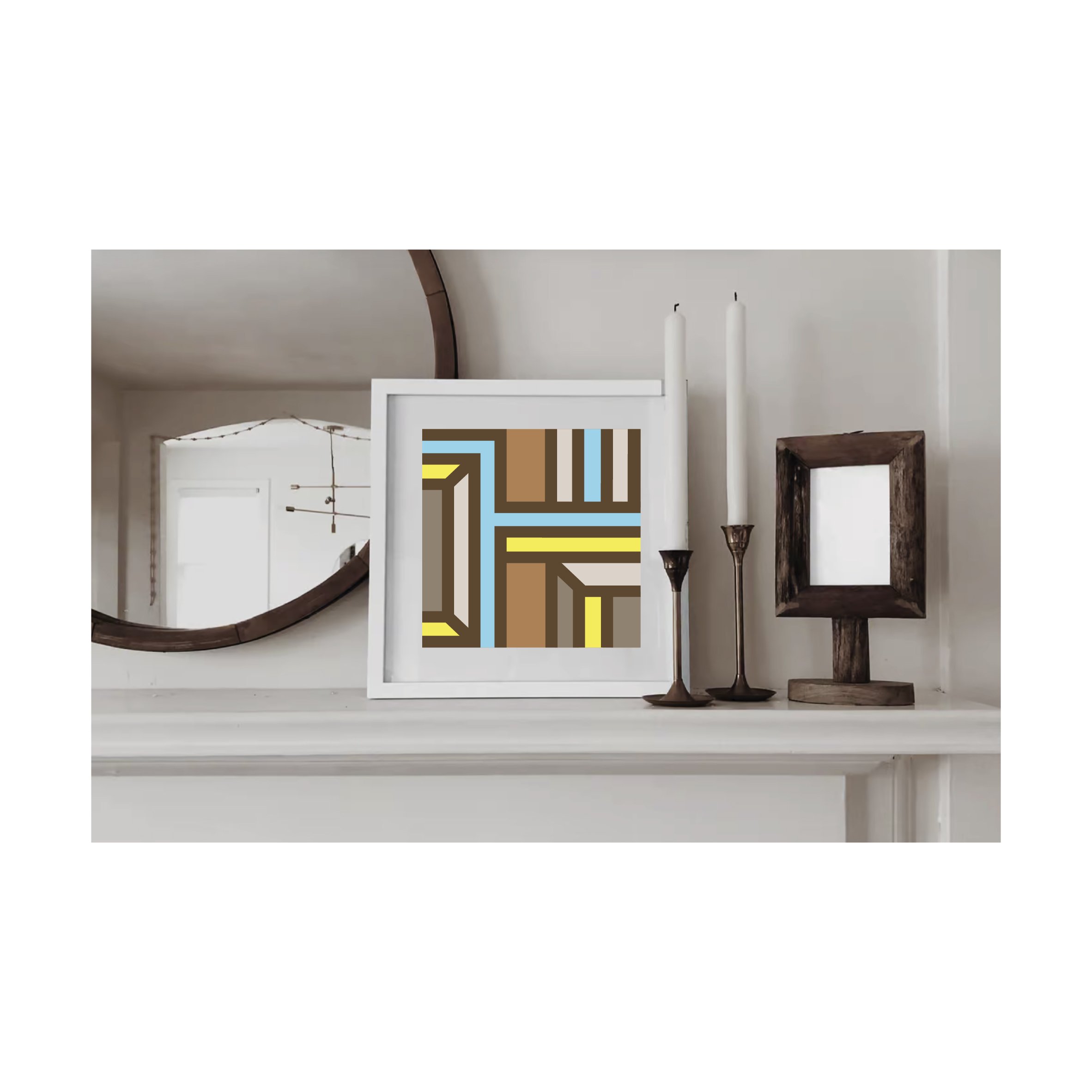 Contemporary geometric giclee art print displayed in a white frame on a mantelpiece in a stylish neutral living room.