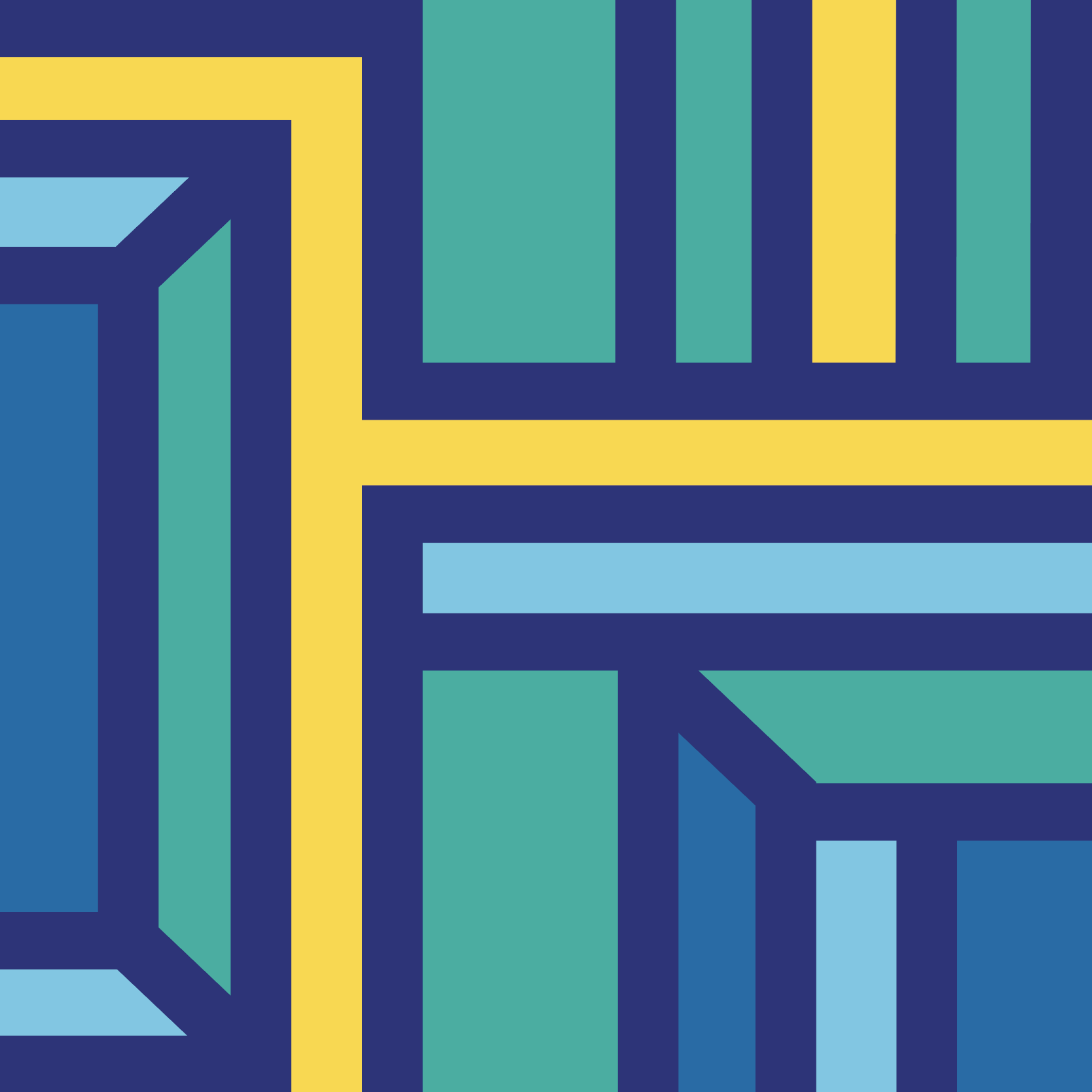 Abstract geometric art print featuring intersecting lines and rectangular  shapes in blue, green and yellow.