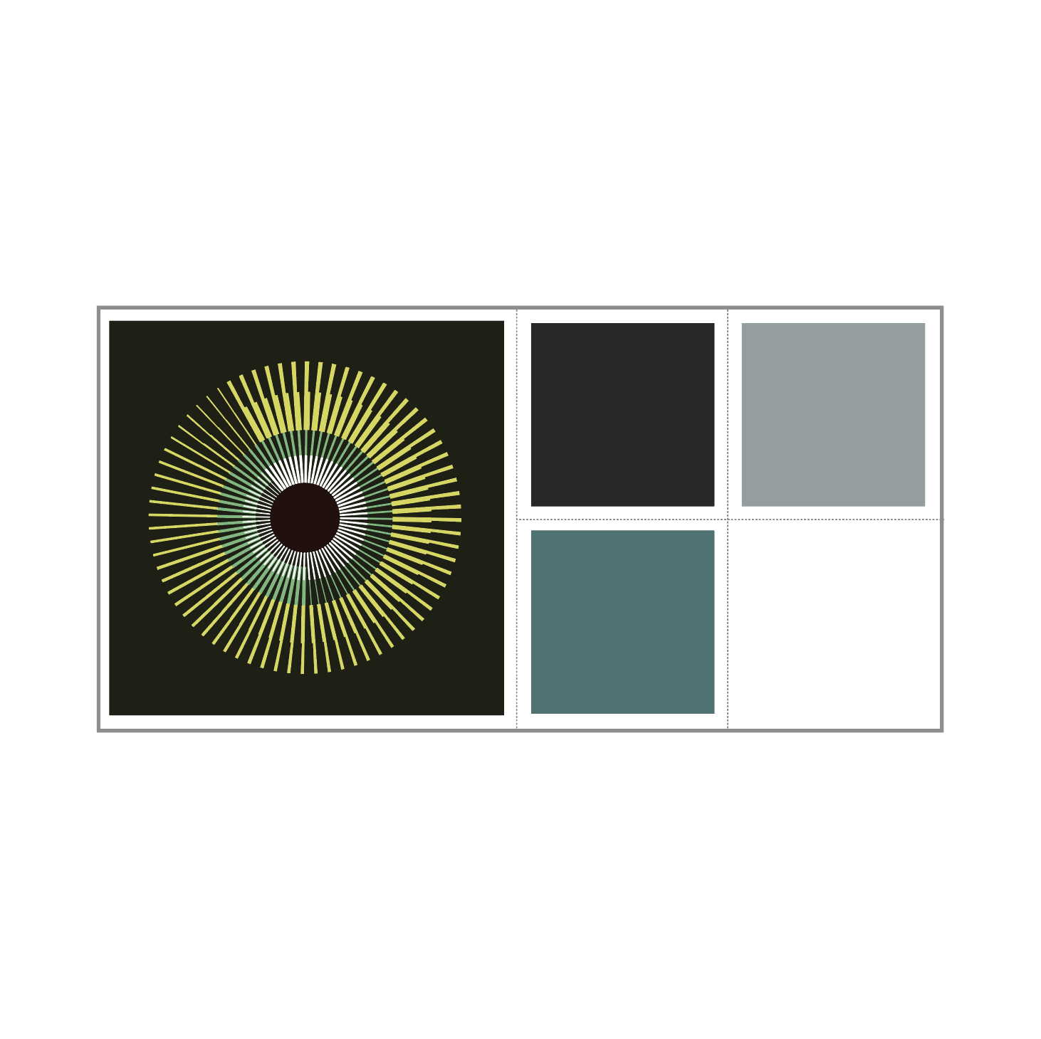 Detail of yellow and green geometric abstract artwork showing concentric circle pattern and colours.