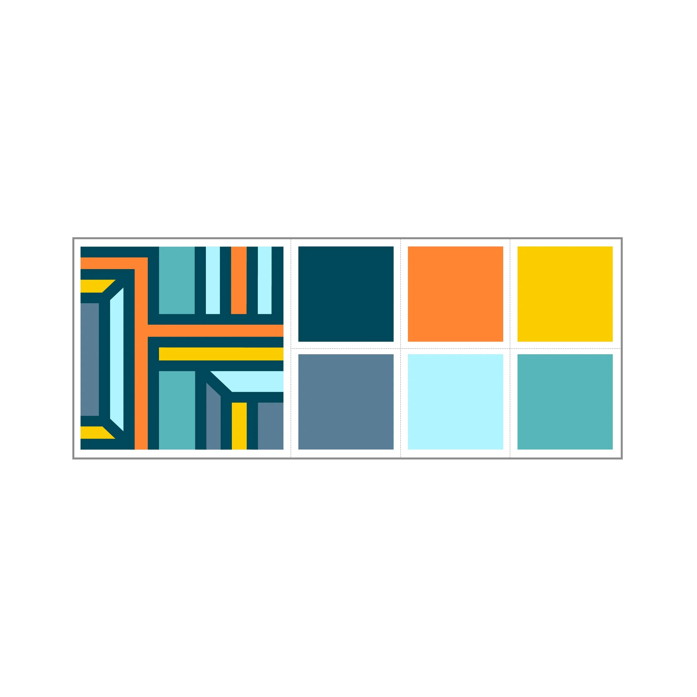 Contemporary geometric abstract art print displayed in a white frame on a mantelpiece in a stylish neutral living room.