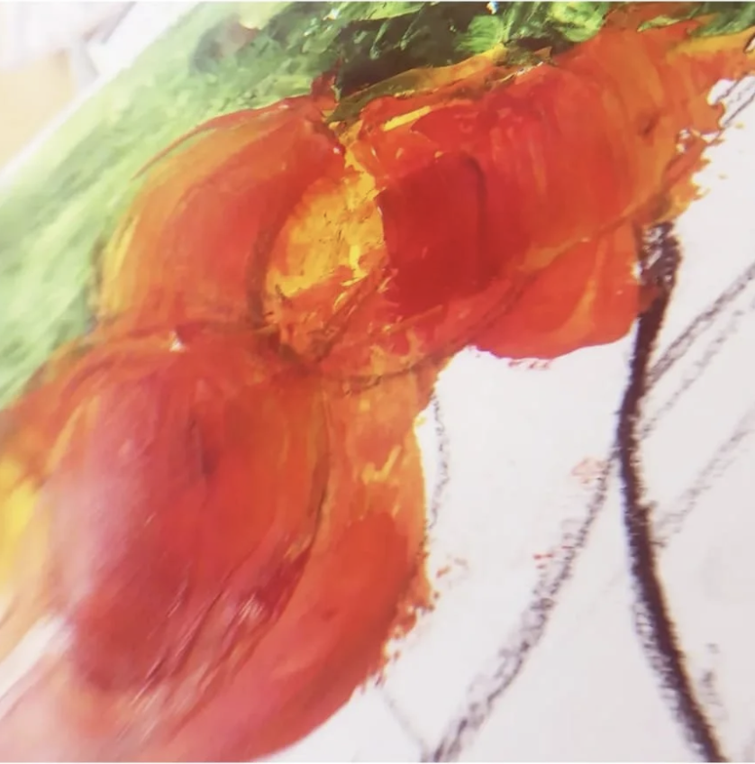 Abstract painting featuring vibrant reds, oranges, and greens with bold, textured brushstrokes.