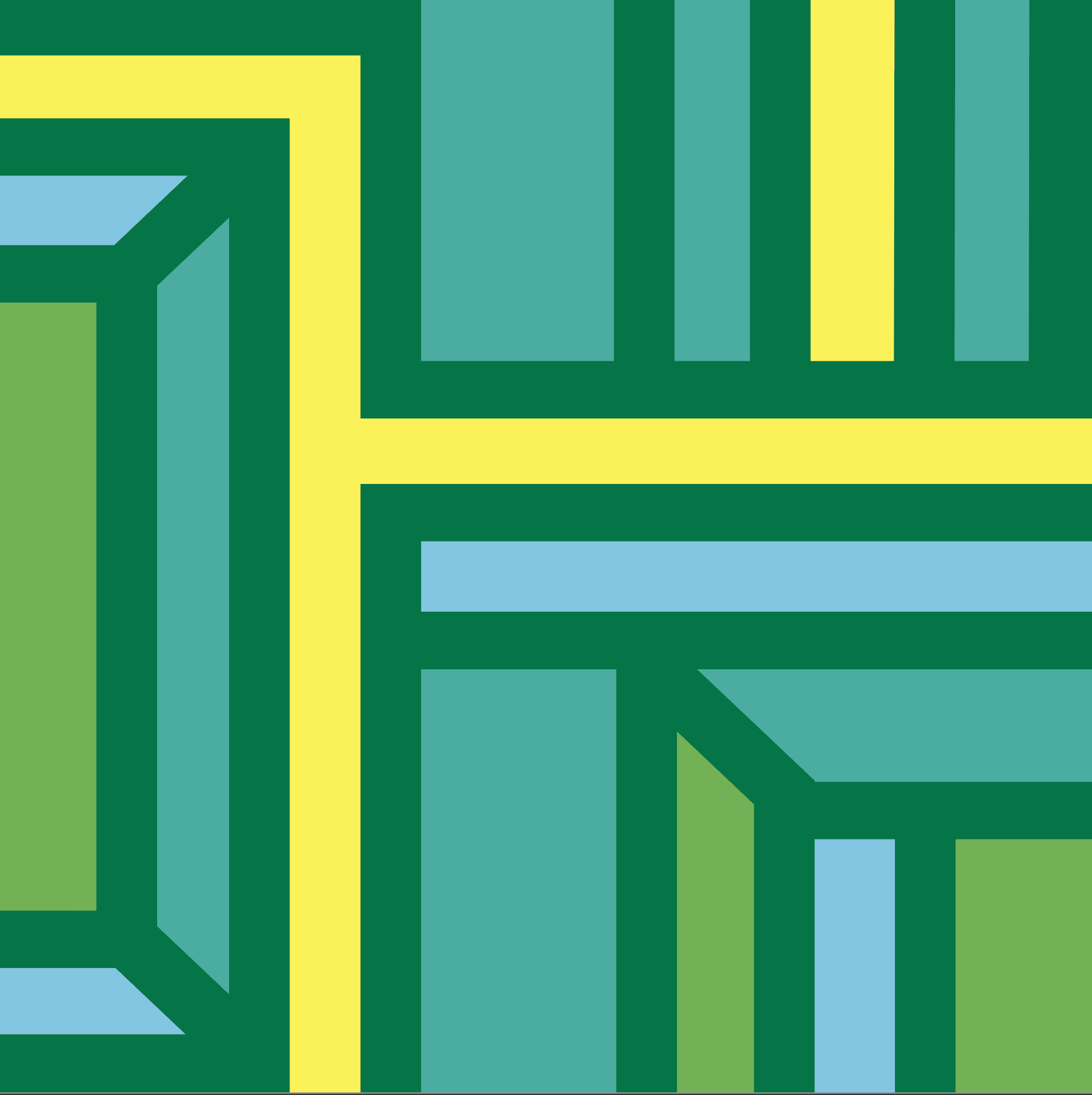 Abstract geometric art print featuring intersecting lines and rectangular shapes in green, yellow and blue.