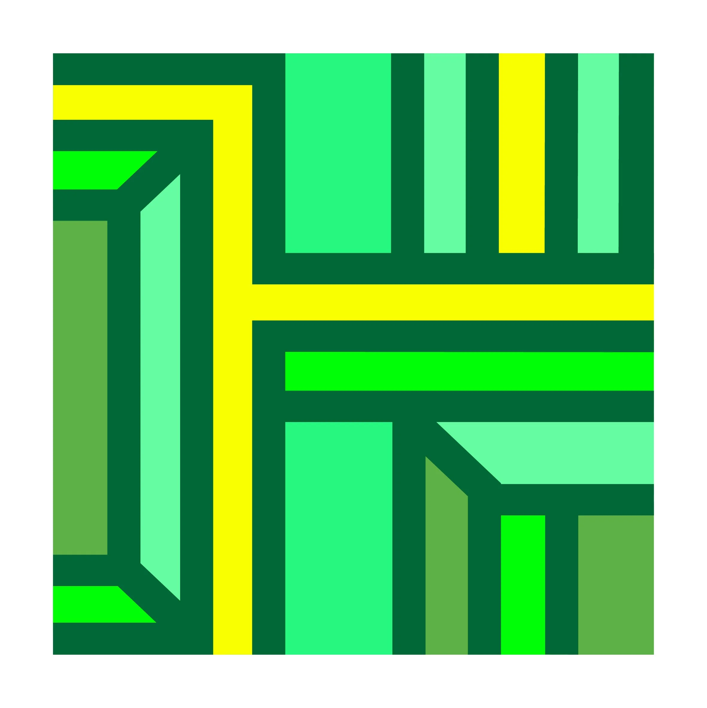 Geometric abstract Giclée art print featuring bold green, teal, turquoise and yellow shapes in a contemporary mid-century modern style by Alison Hancock.