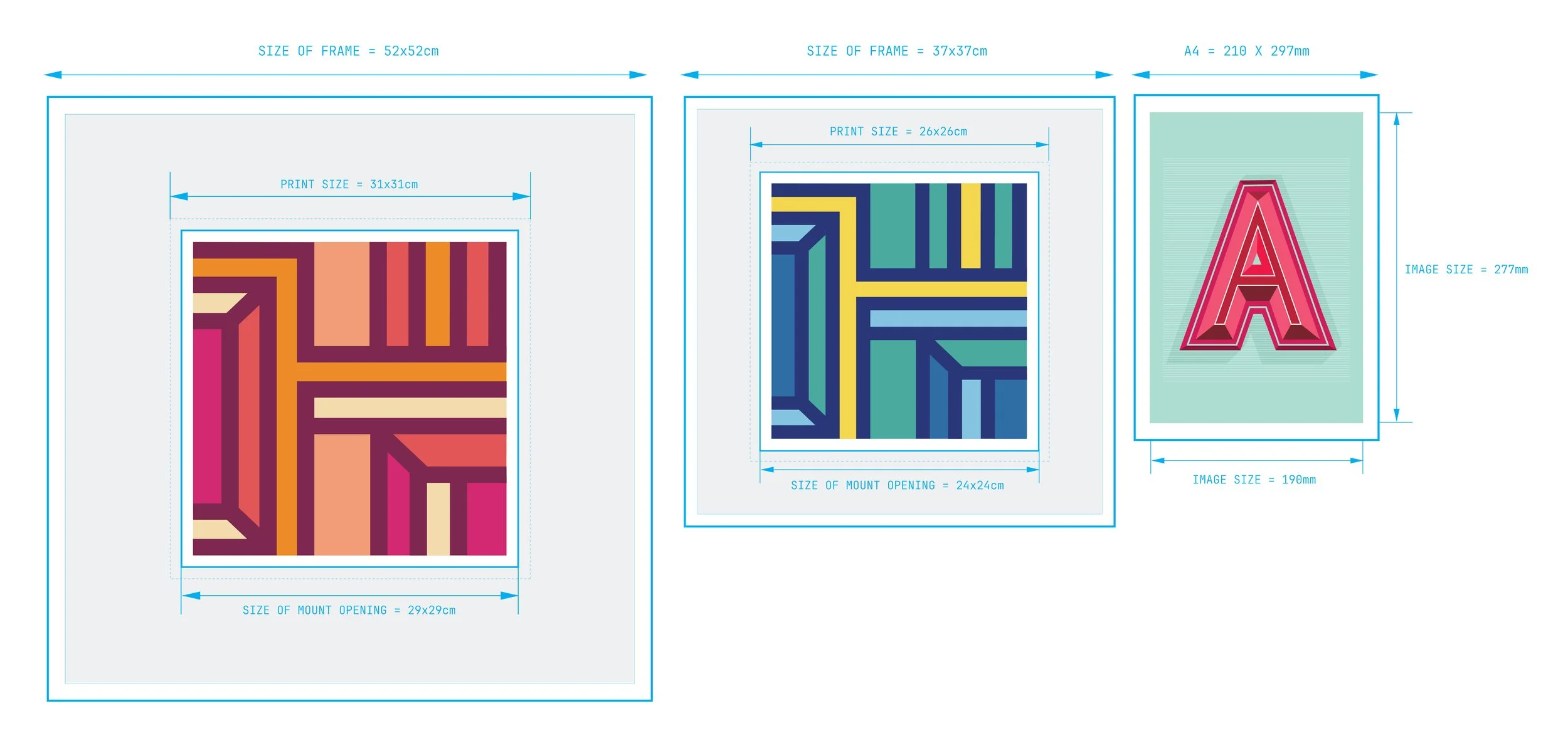 3 diagrams showing sizes of frame, mount opening and picture size