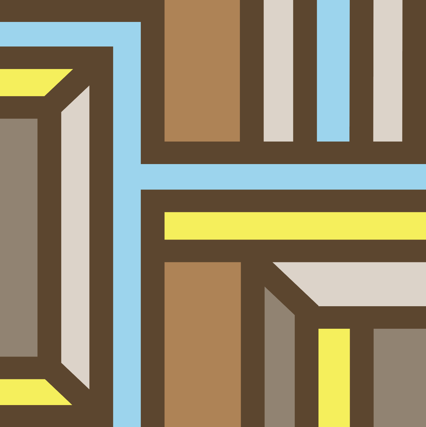 Abstract geometric art print featuring intersecting lines and rectangular shapes in brown, yellow, warm grey and light blue.