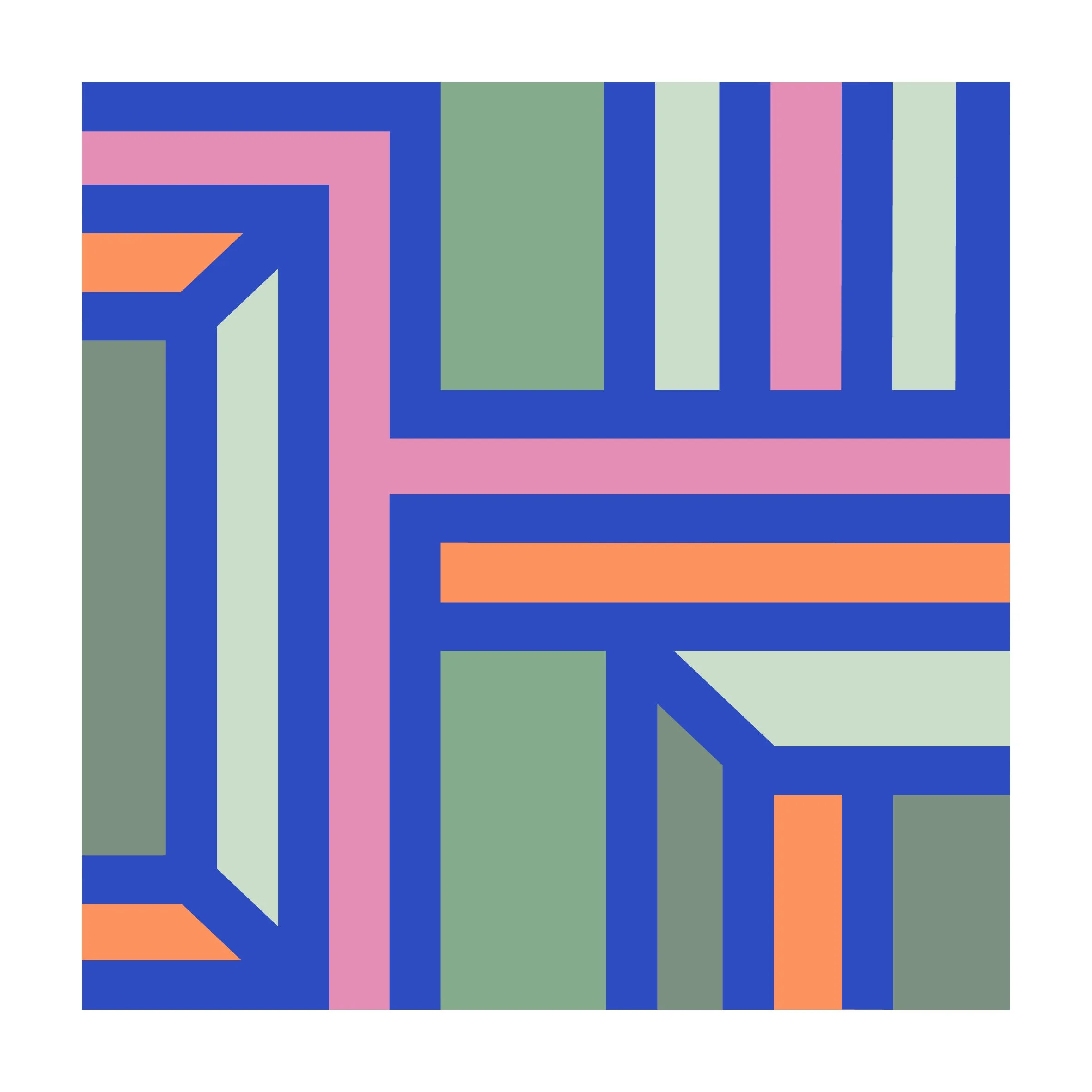Contemporary geometric abstract art print featuring bold navy blue, sage green, pink and peach linear shapes in a modern mid-century inspired design.