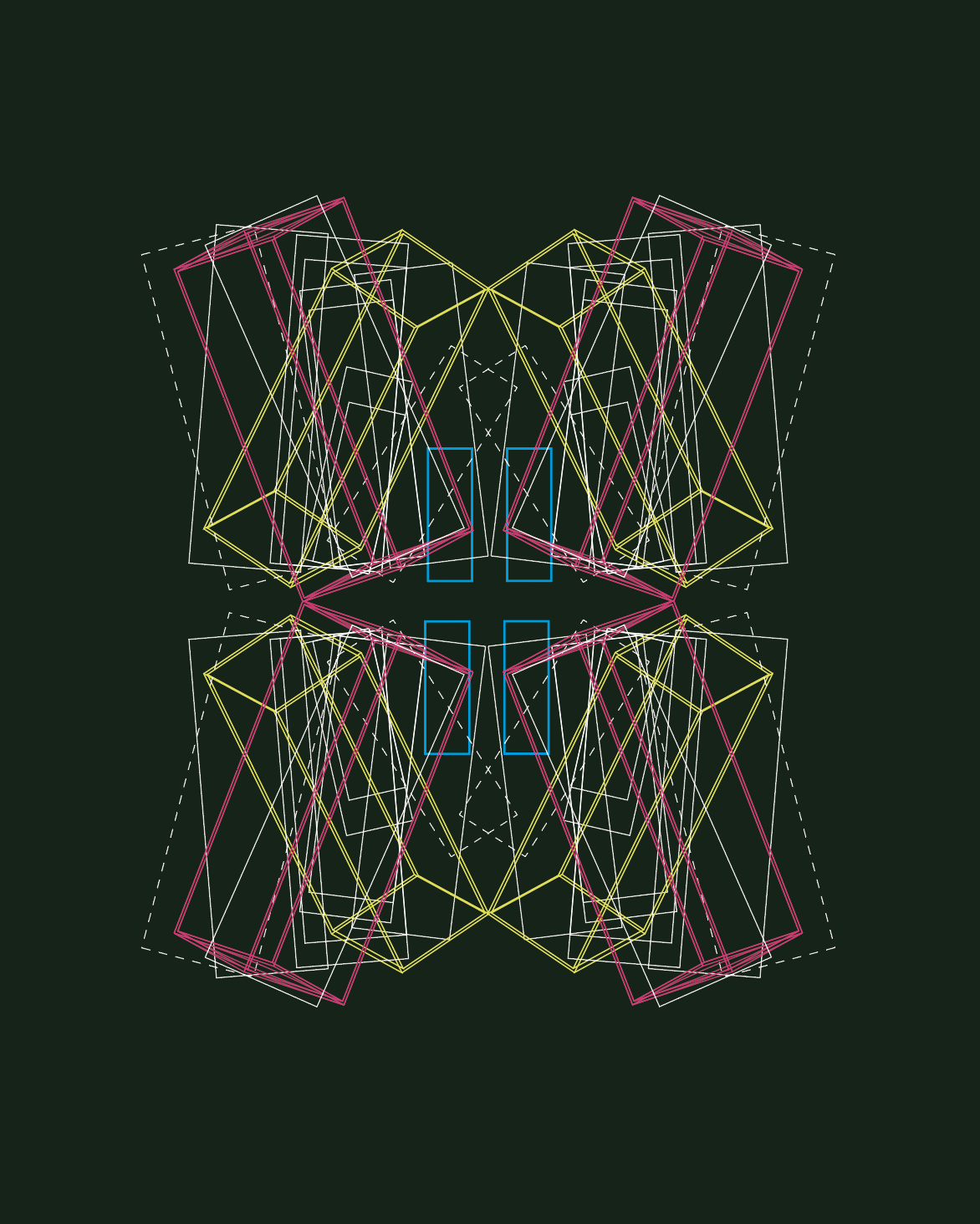 Digital geometric abstract art with symmetrical lines and shapes in pink, yellow, white, and blue on a dark background.
