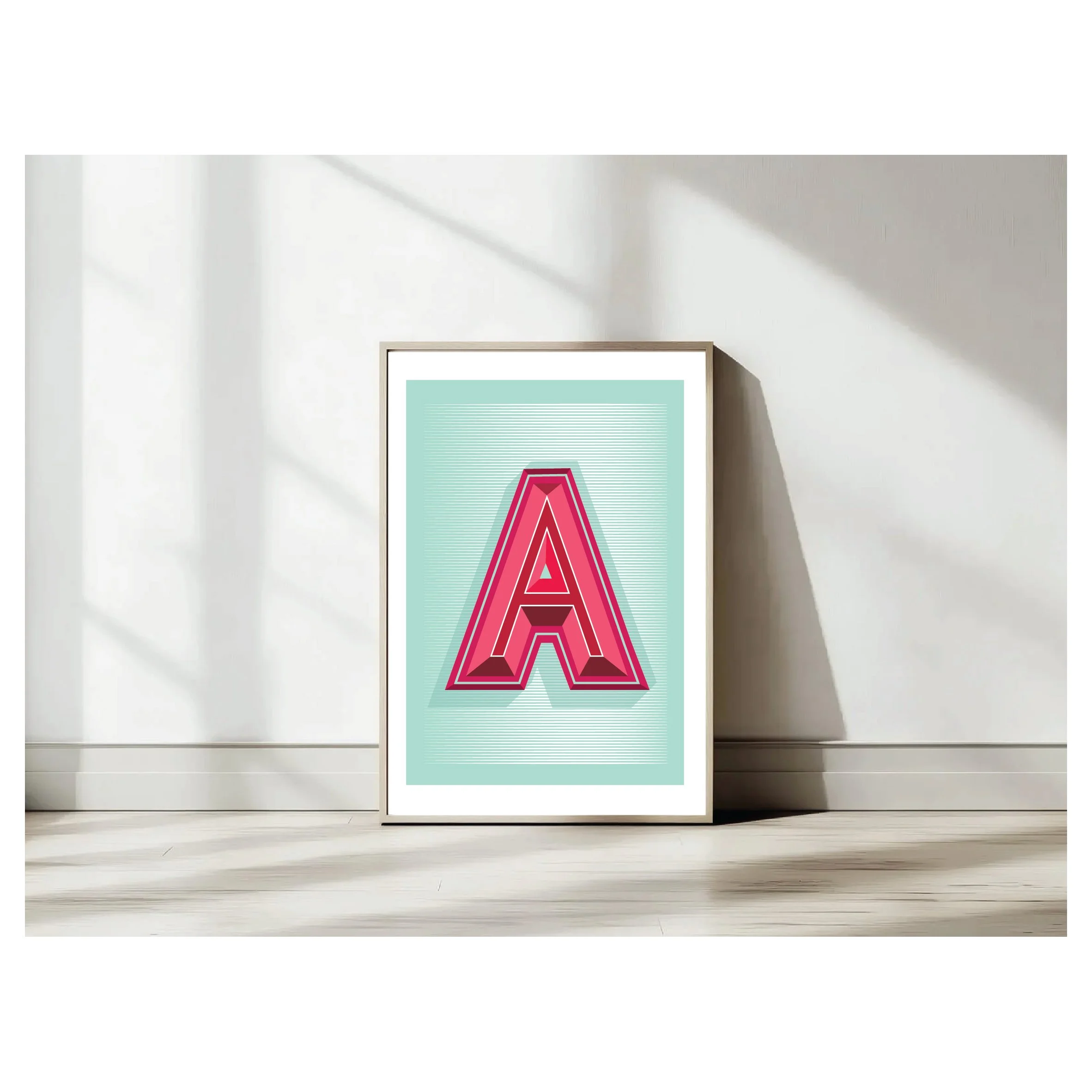 Contemporary three-dimensional capital letter A Giclée print in vibrant pink, crimson and burgundy on a mint green striped background.