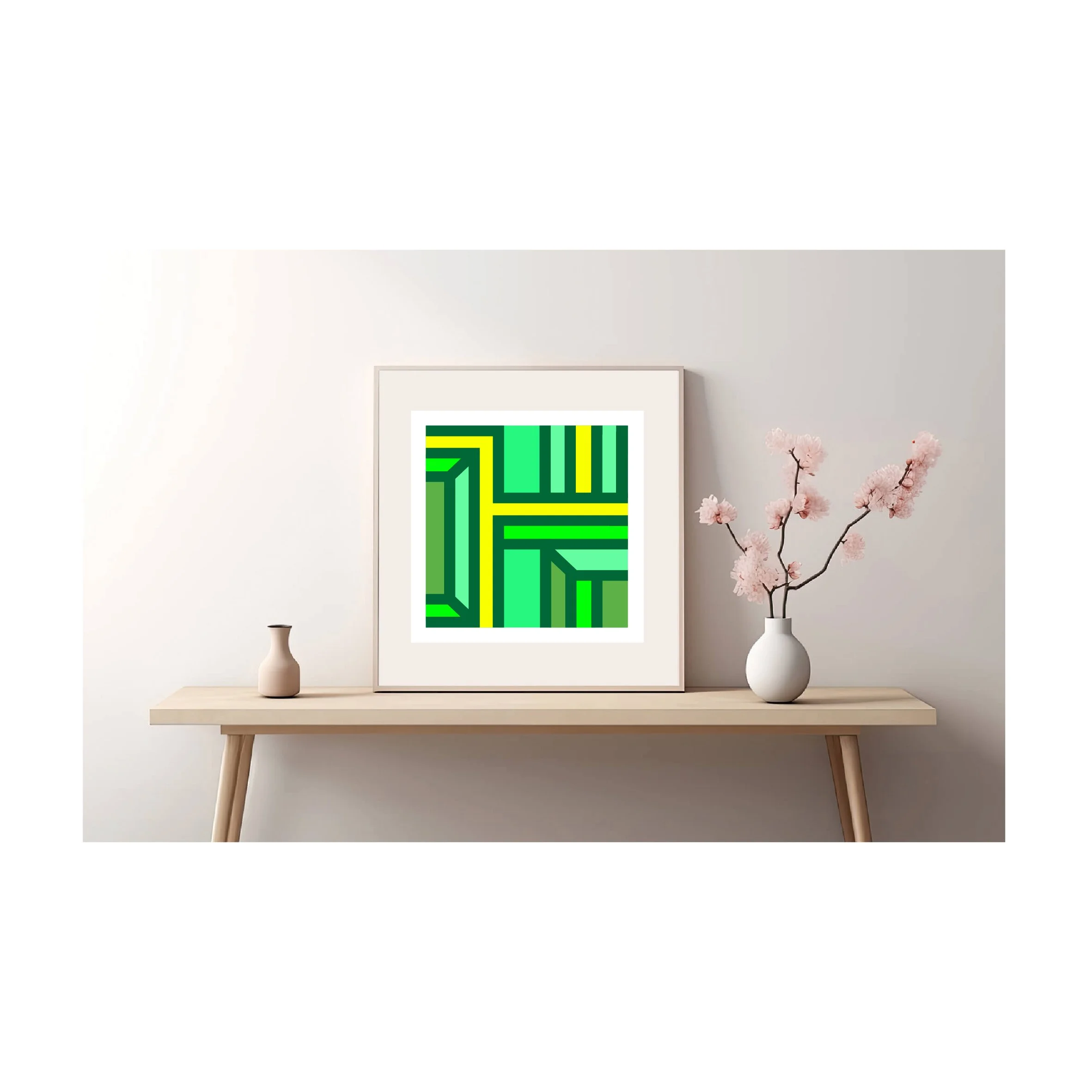 Geometric abstract Giclée art print in green, teal, turquoise and yellow displayed on a minimalist wooden console table in a contemporary interior.