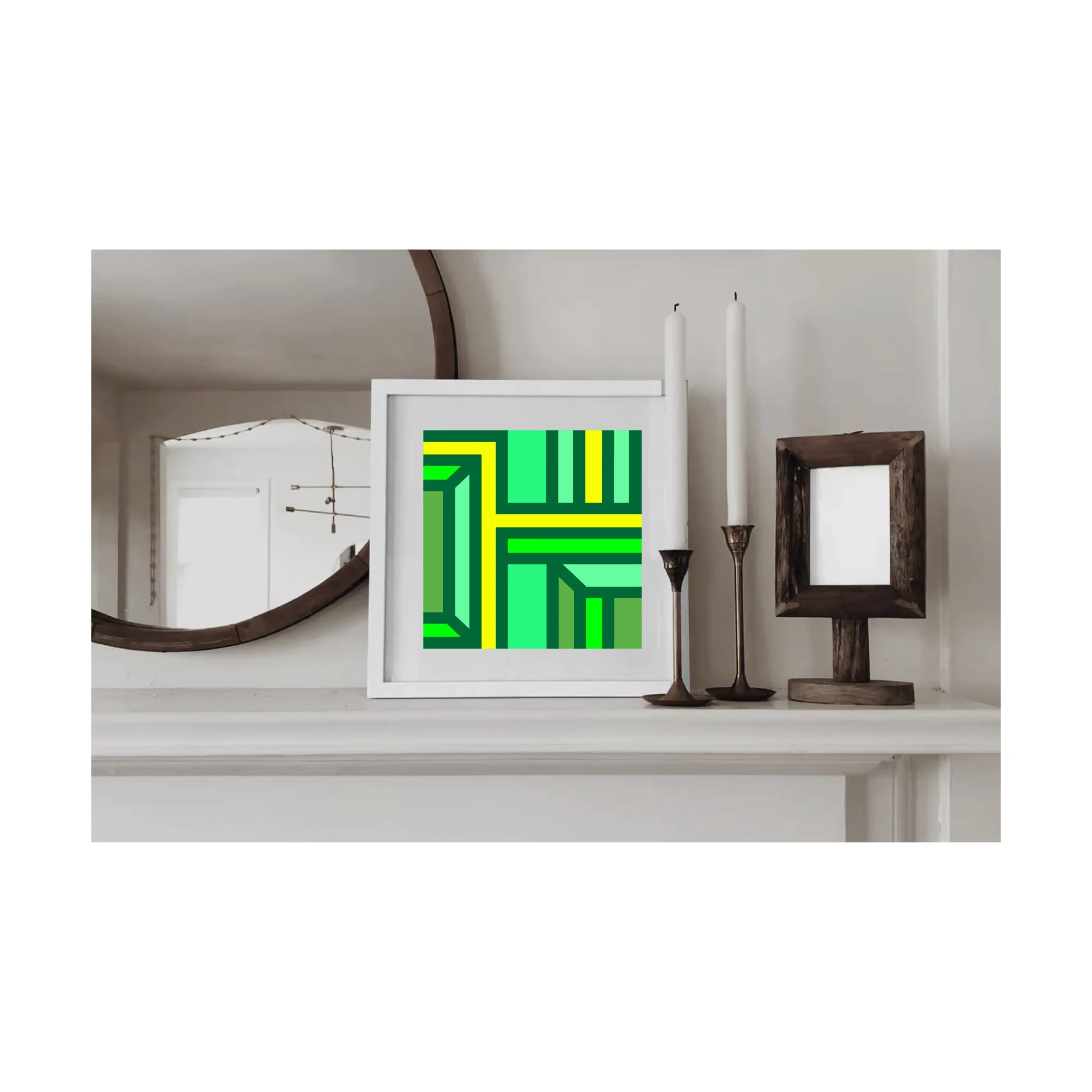 Framed geometric abstract Giclée art print in green, teal, turquoise and yellow displayed on a contemporary mantelpiece in a modern interior.