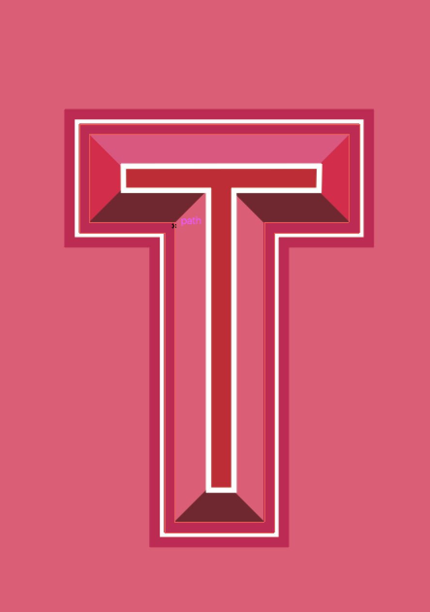 Letter 'T' in a stylized, 3D block design with pink, red, and white colors on a pink background.