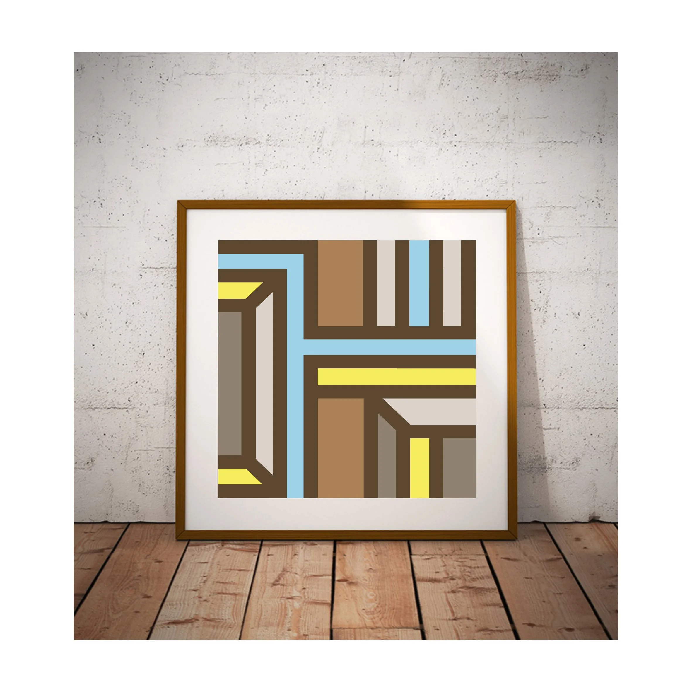 Dark Wooden Framed geometric abstract giclee art print by Alison Hancock displayed against a textured wall with wooden flooring in a rustic contemporary interior.