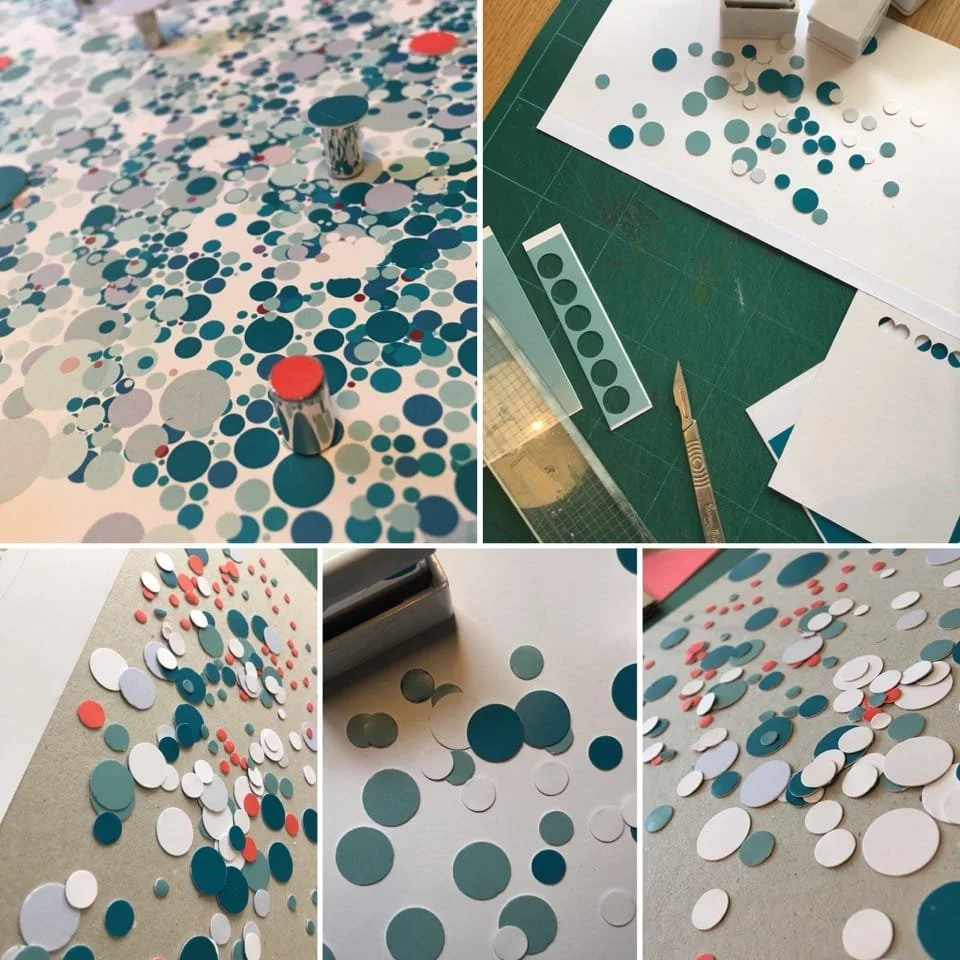 Images showing craft supplies used for paper confetti or decoration: sheets of paper with colored circles, scissors, a metal punch, and scattered paper confetti in various sizes and colors such as white, blue, and pink.