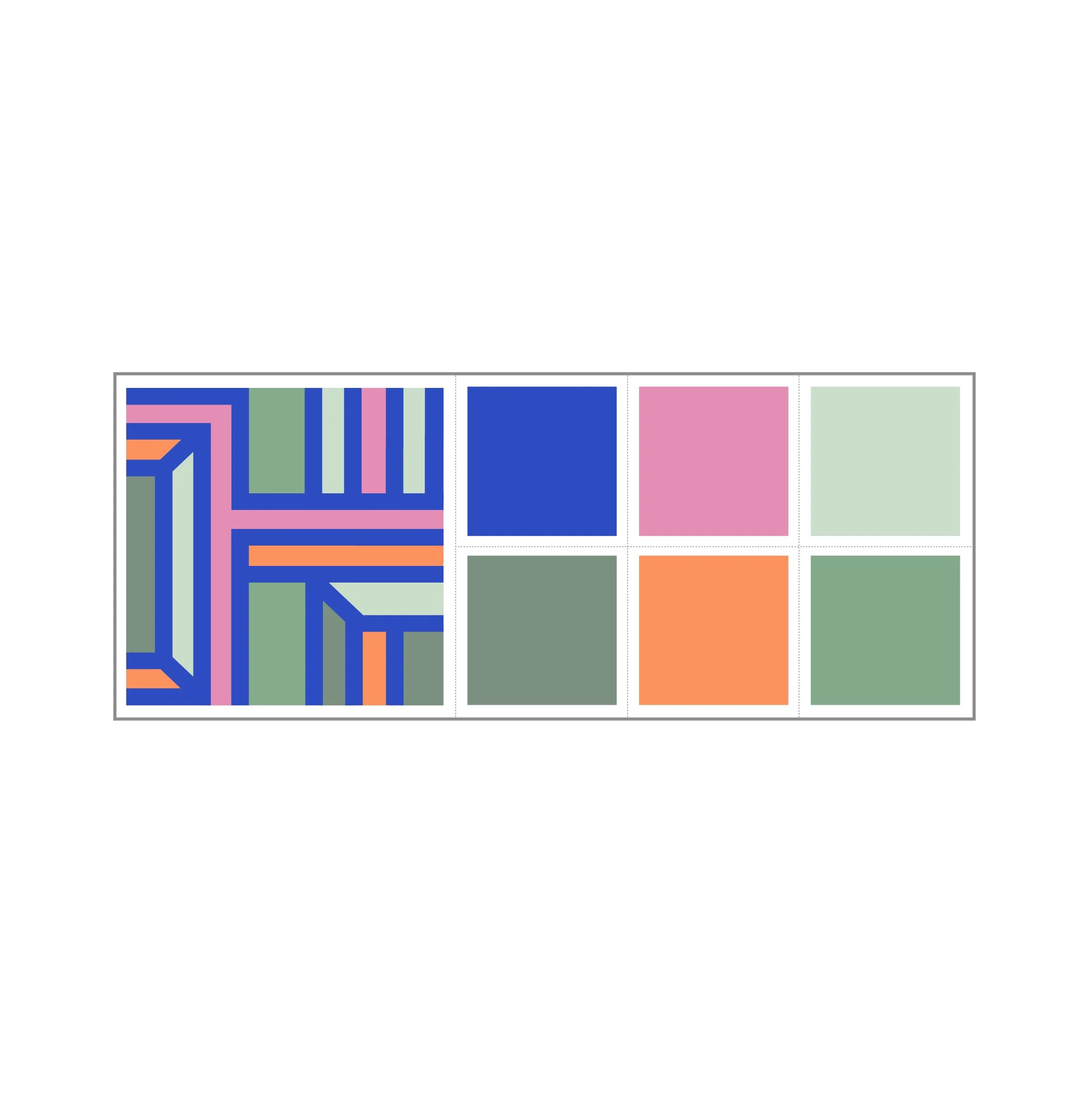 Geometric abstract art print shown alongside a colour palette of navy blue, pink, peach and soft green tones.