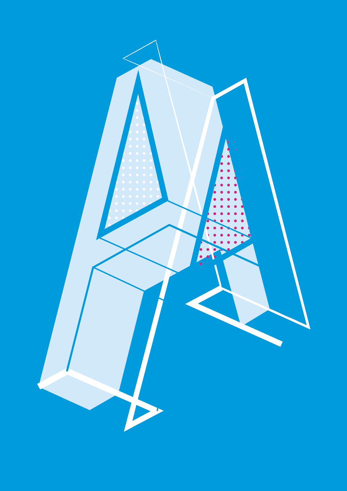 Abstract geometric design with blue background, white and pink dotted patterns, and clear angular lines and shapes.