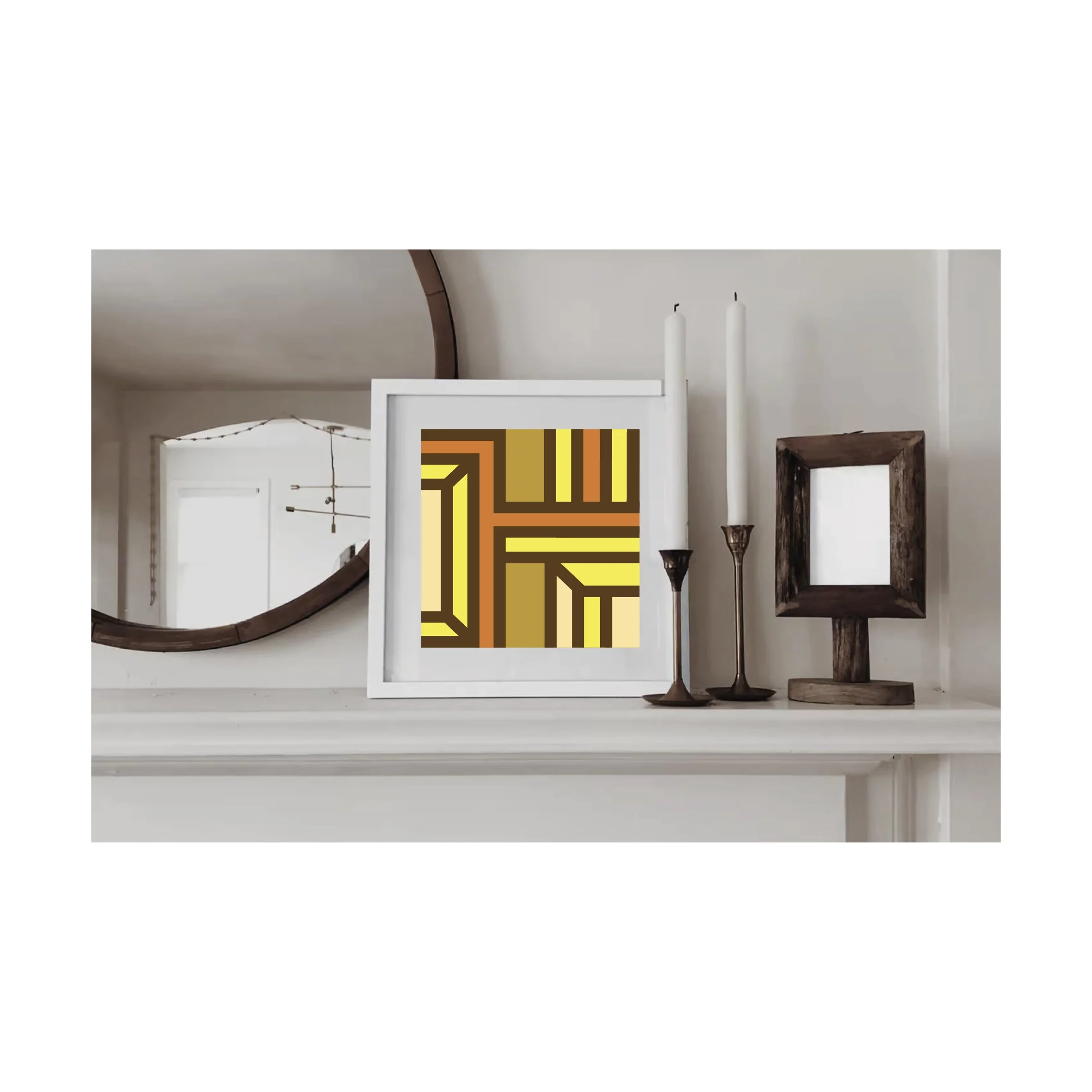 Contemporary geometric abstract print in a white frame displayed on a mantelpiece with mirrors and decorative objects in a stylish neutral interior.
