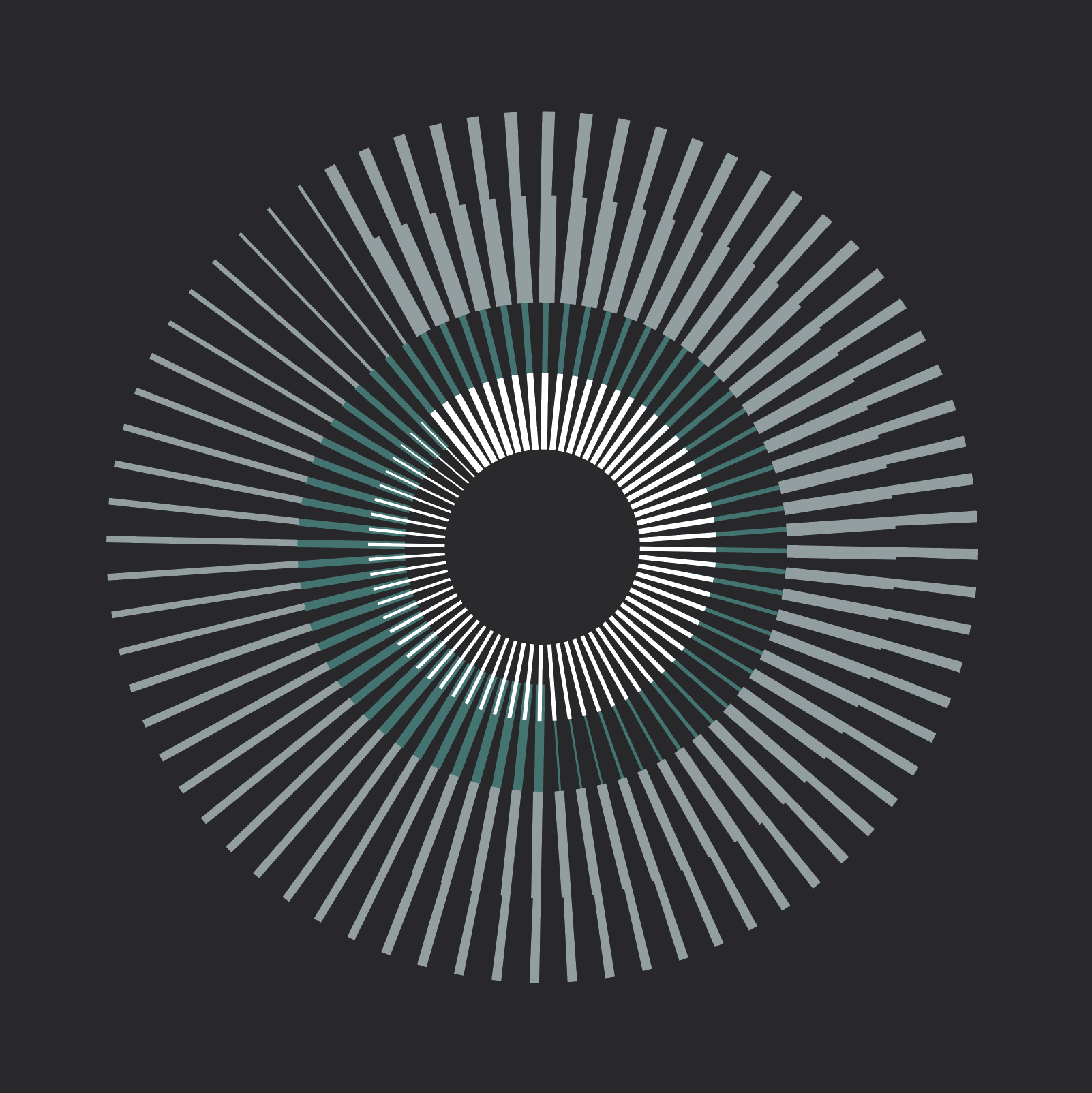 Grey geometric abstract art print featuring concentric circles and radiating lines on a dark grey background.