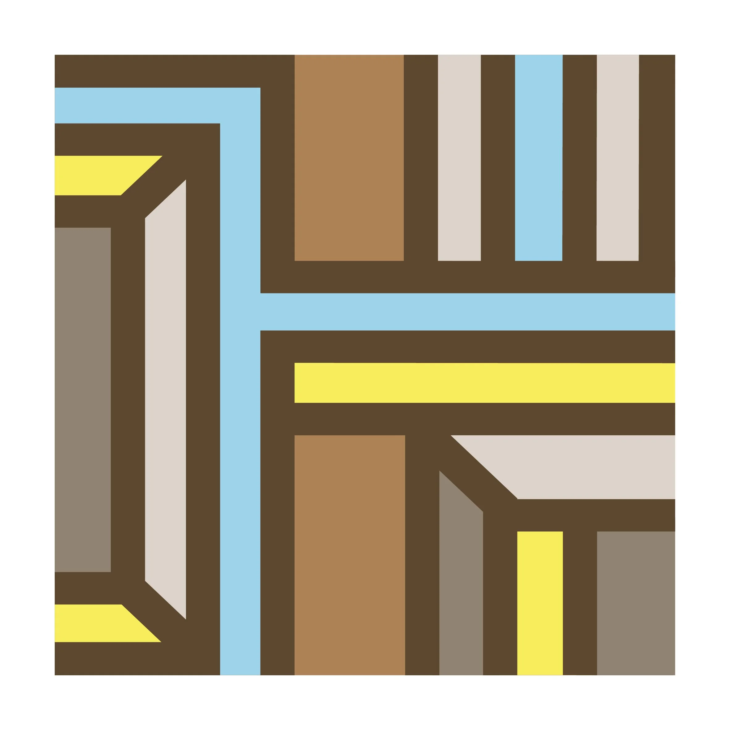 Contemporary geometric abstract giclee art print featuring bold brown, cream, blue and yellow linear shapes in a modern mid-century inspired design.