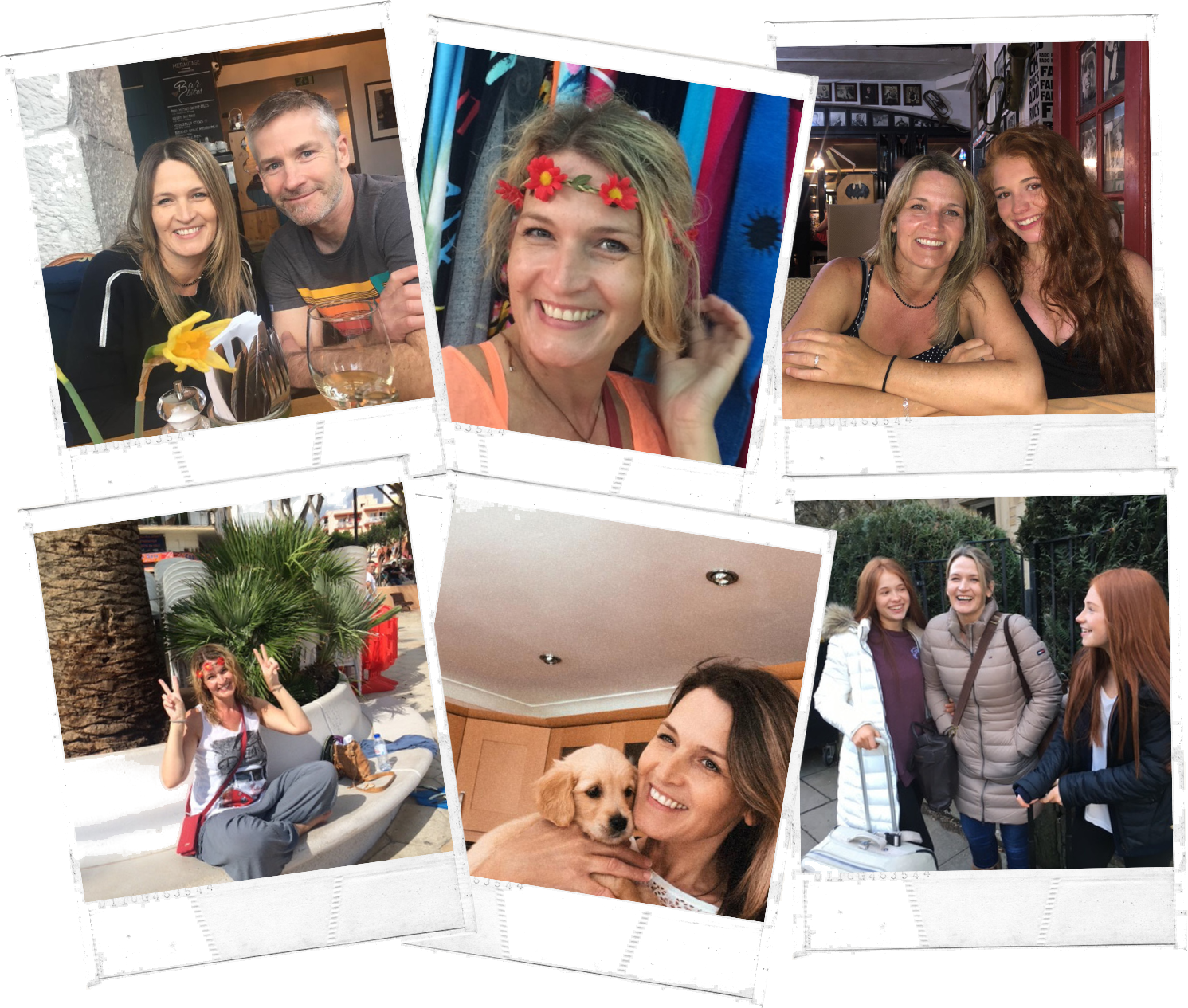 Collage of six candid photos featuring Jo and her family interacting, smiling, and enjoying outdoor and indoor settings, including a restaurant, a park, and a home.